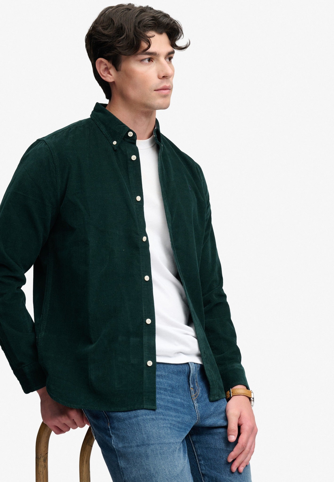 Superdry Classic Needle Cord Shirt in Eagle Green upper body view