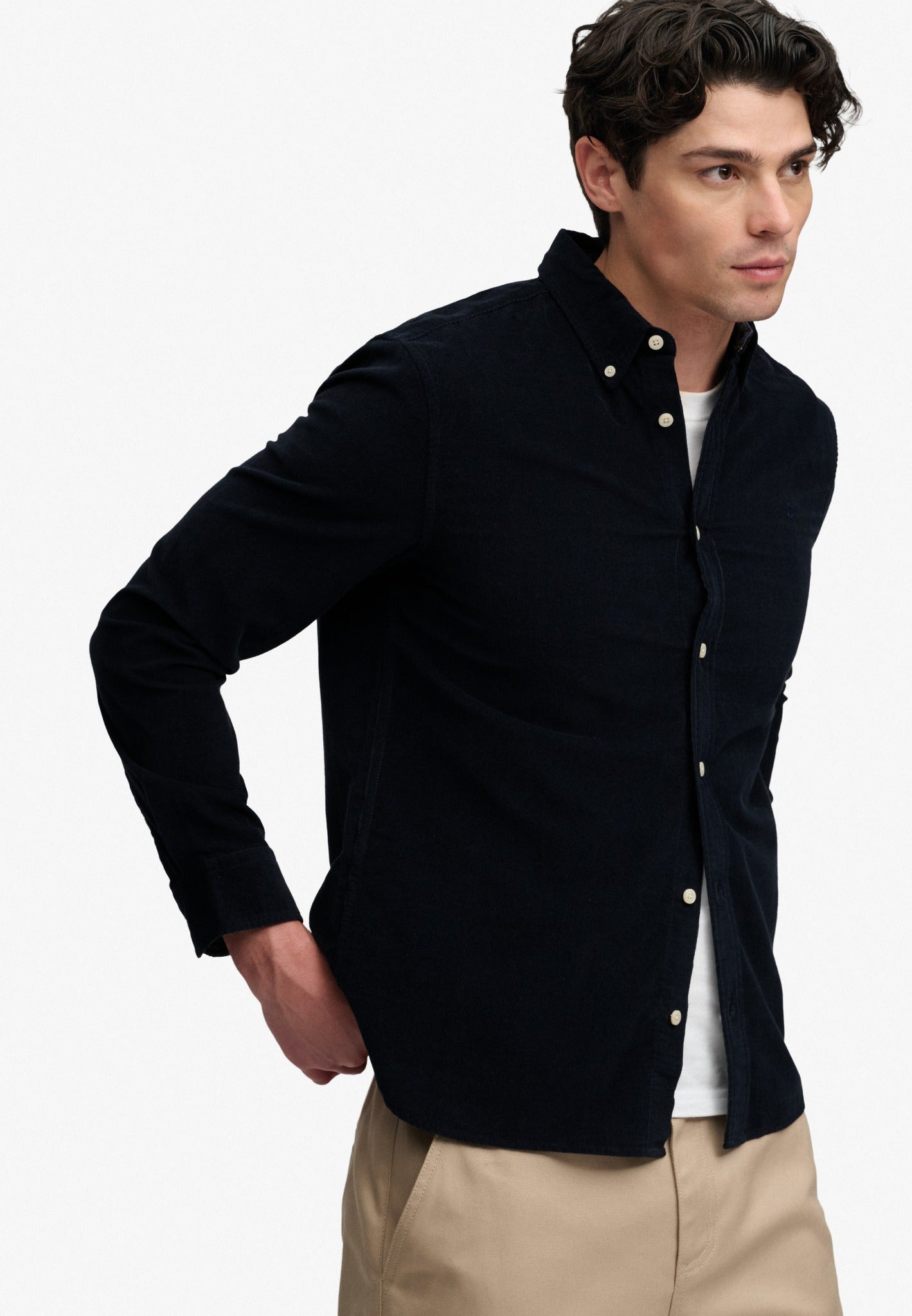 Superdry Classic Needle Cord Shirt in Rich Navy angled view on model