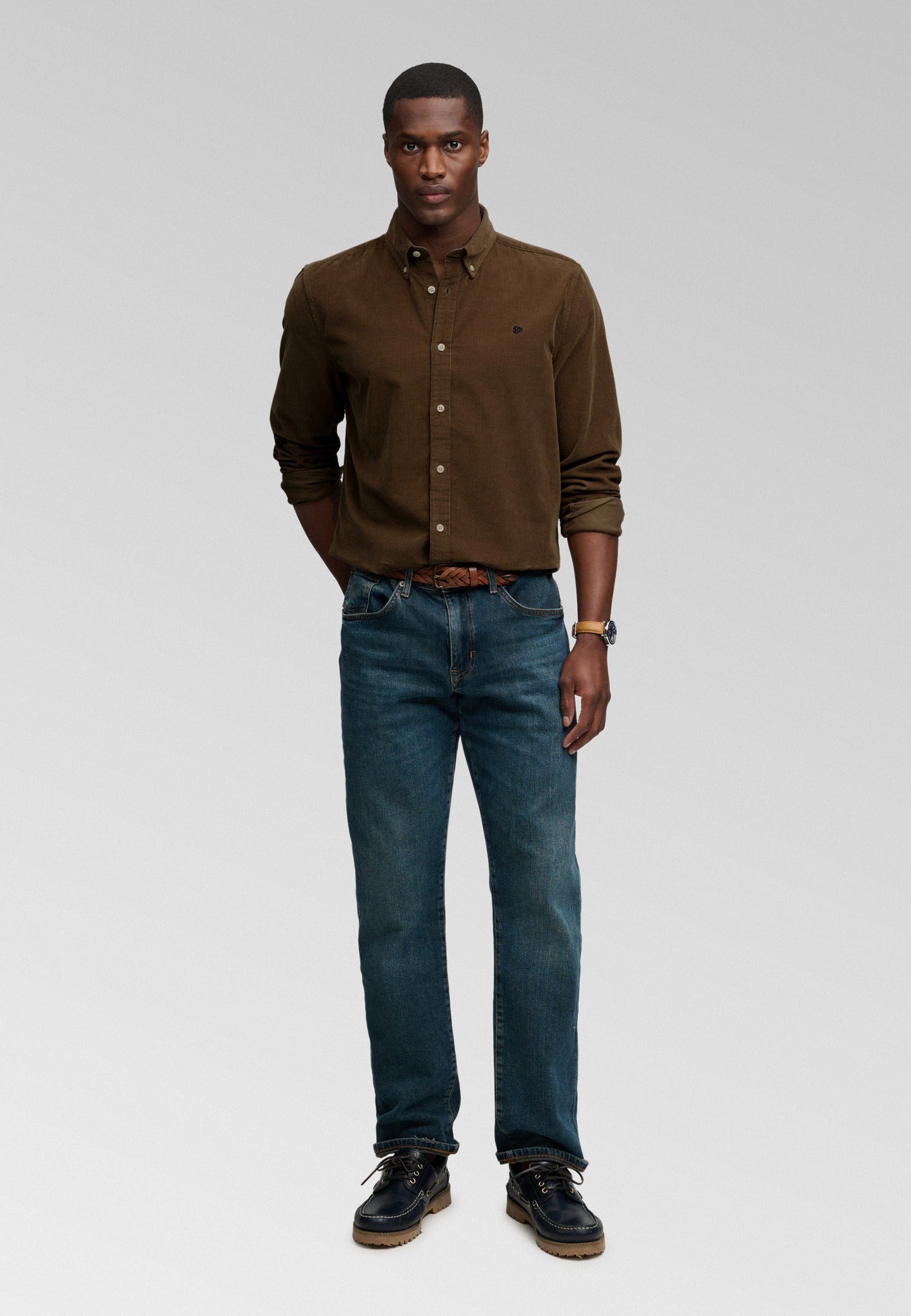 Superdry Classic Needle Cord Shirt in Winter Twig Beige full length view