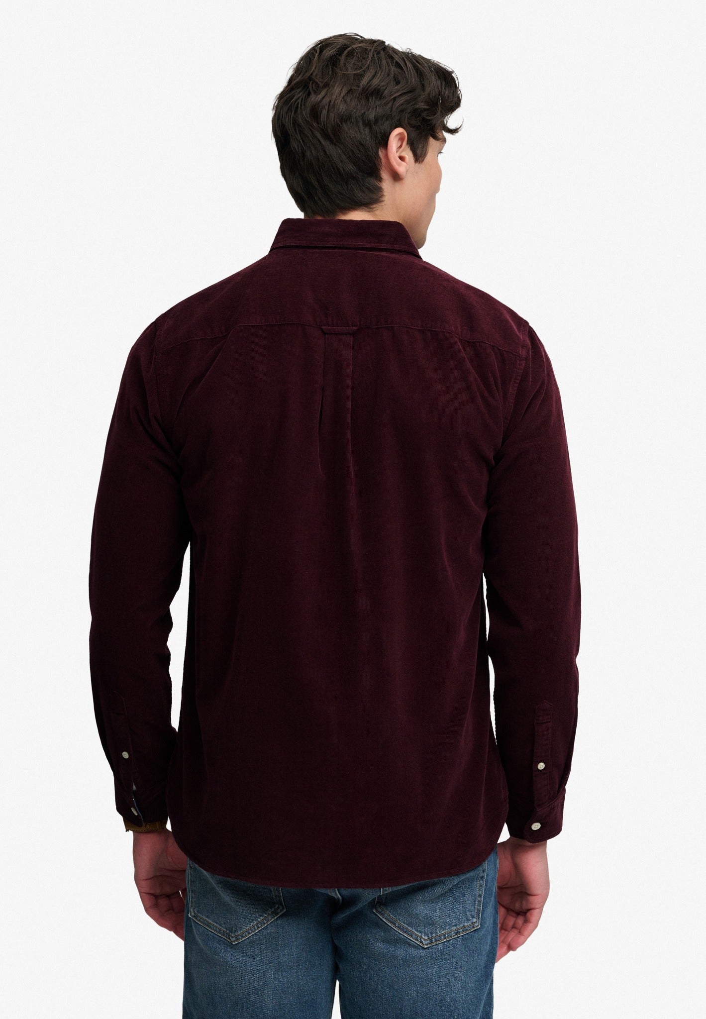 Superdry Classic Needle Cord Shirt in Winter Port back view on model