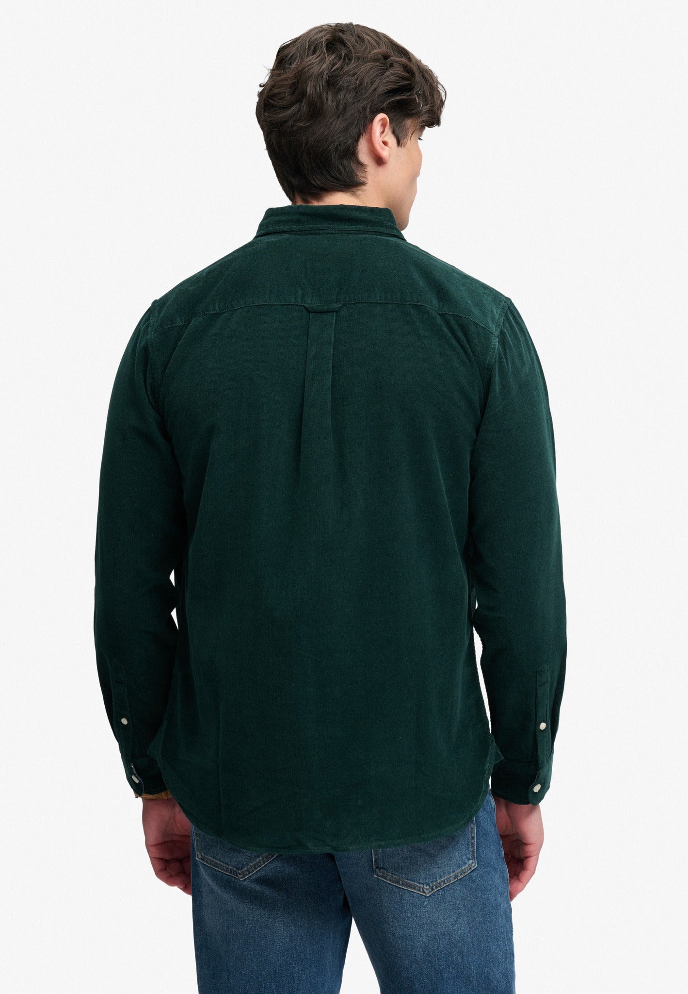 Superdry Classic Needle Cord Shirt in Eagle Green back view on model