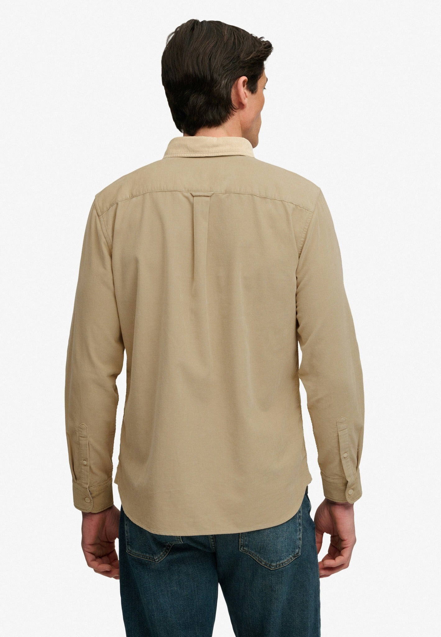 Superdry Classic Needle Cord Shirt in Stone Wash Taupe Brown back model view