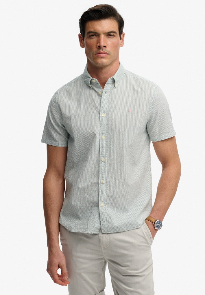 SUPERDRY Classic Seersucker Short Sleeve Shirt-Cream/green Cream/Green front view