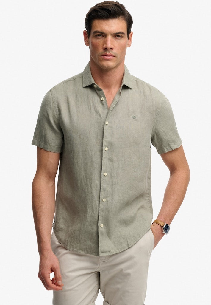 SUPERDRY Riviera Short Sleeve Linen Shirt-Bay Green Bay Green front view