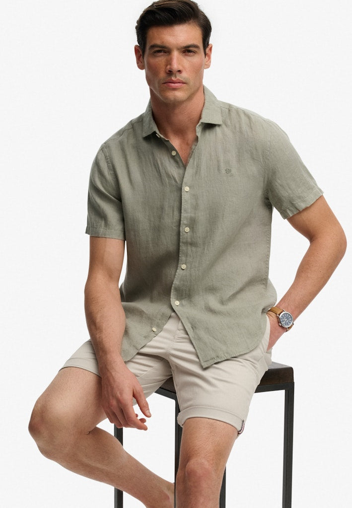 SUPERDRY Riviera Short Sleeve Linen Shirt-Bay Green Bay Green side view