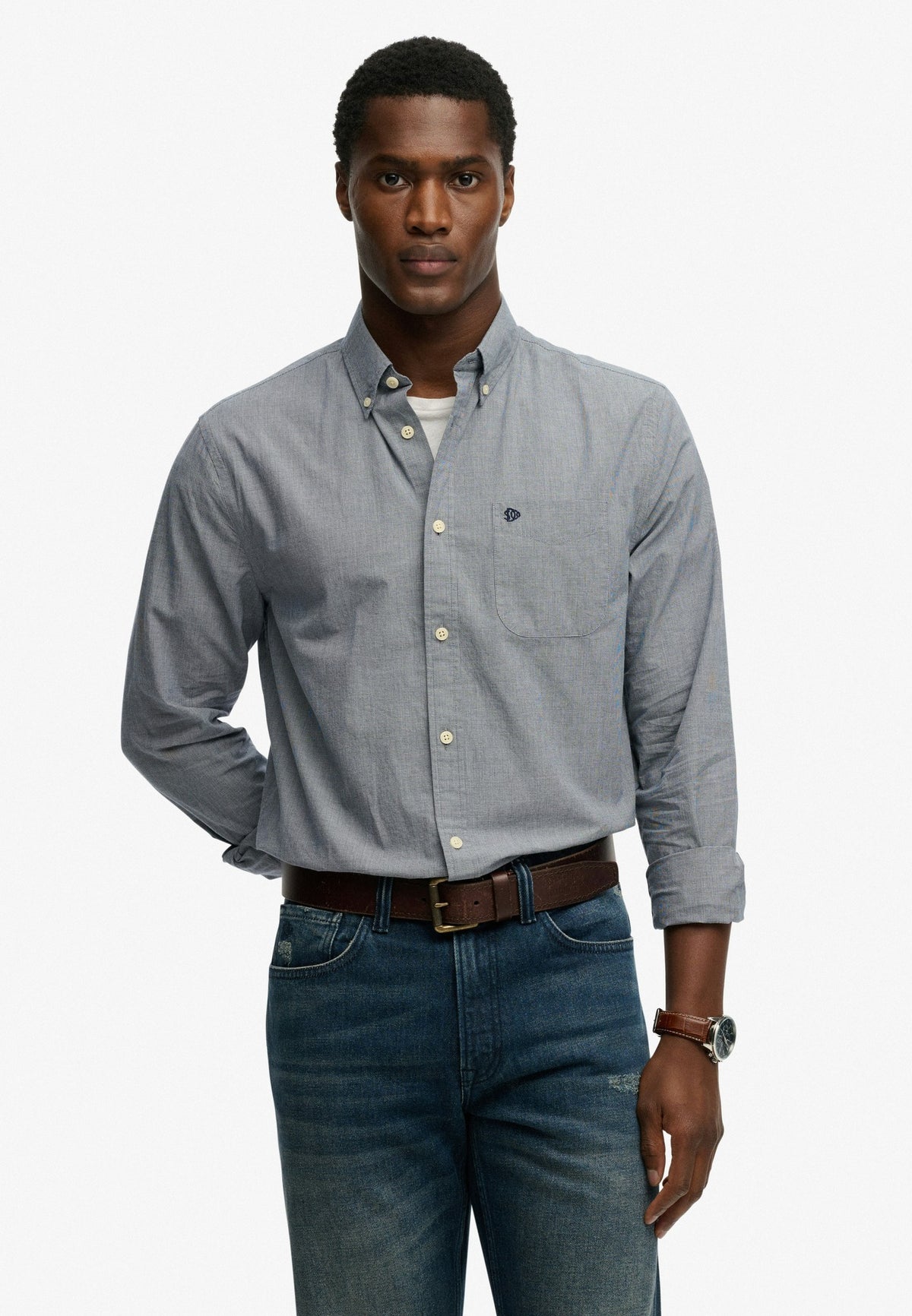 Superdry Preppy Poplin Long Sleeve Shirt in Navy Micro Houndstooth on model