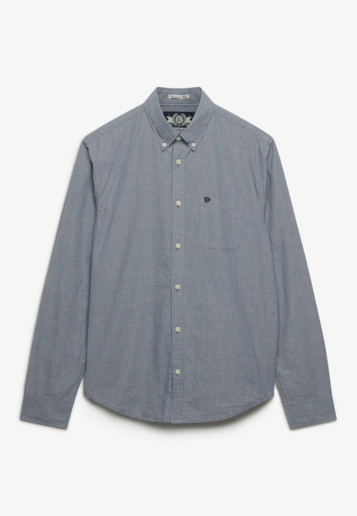 Front view of Superdry Preppy Poplin Long Sleeve Shirt in Navy Micro Houndstooth