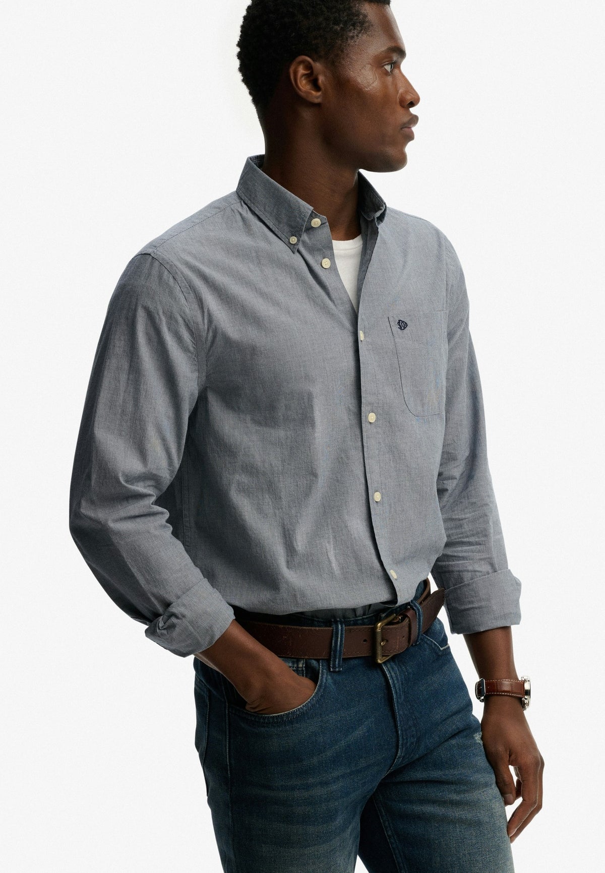 Angled view of Superdry Preppy Poplin Long Sleeve Shirt in Navy Micro Houndstooth on model
