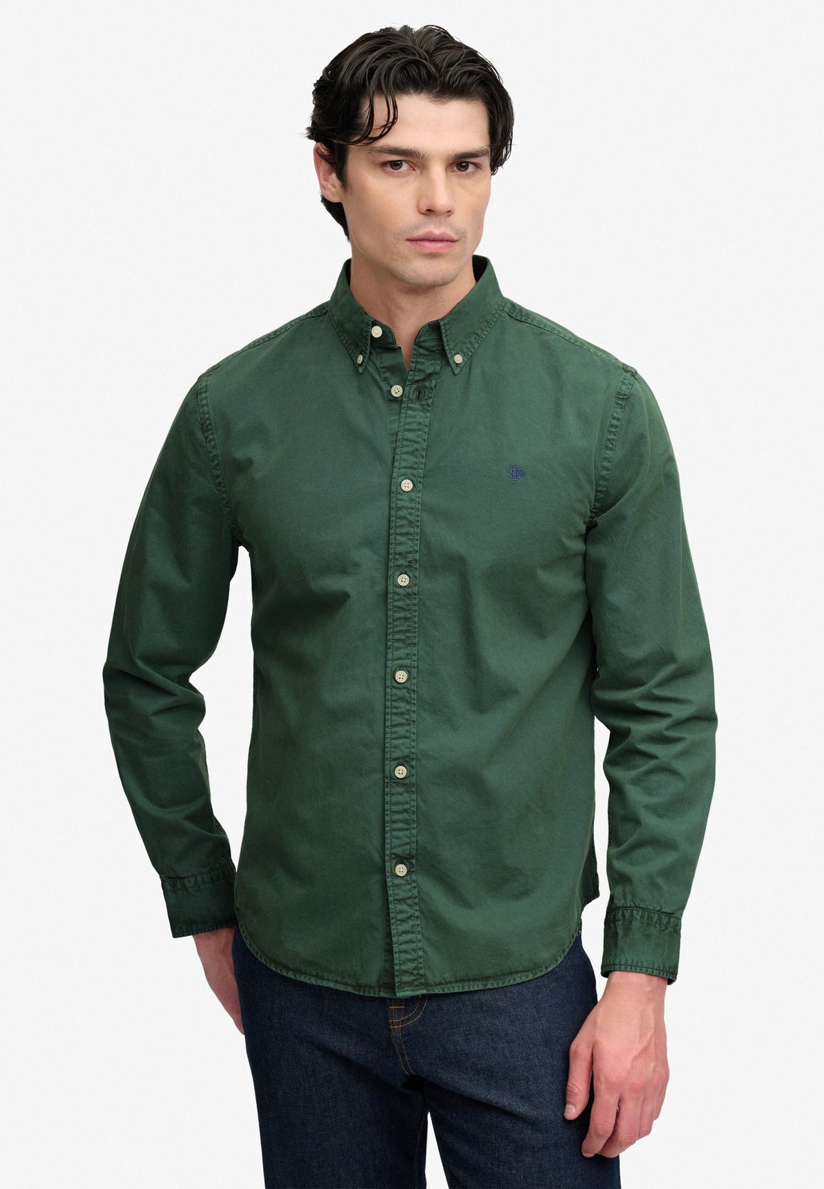 Superdry Garment Dyed Long Sleeve Shirt in Tumbled Green on model