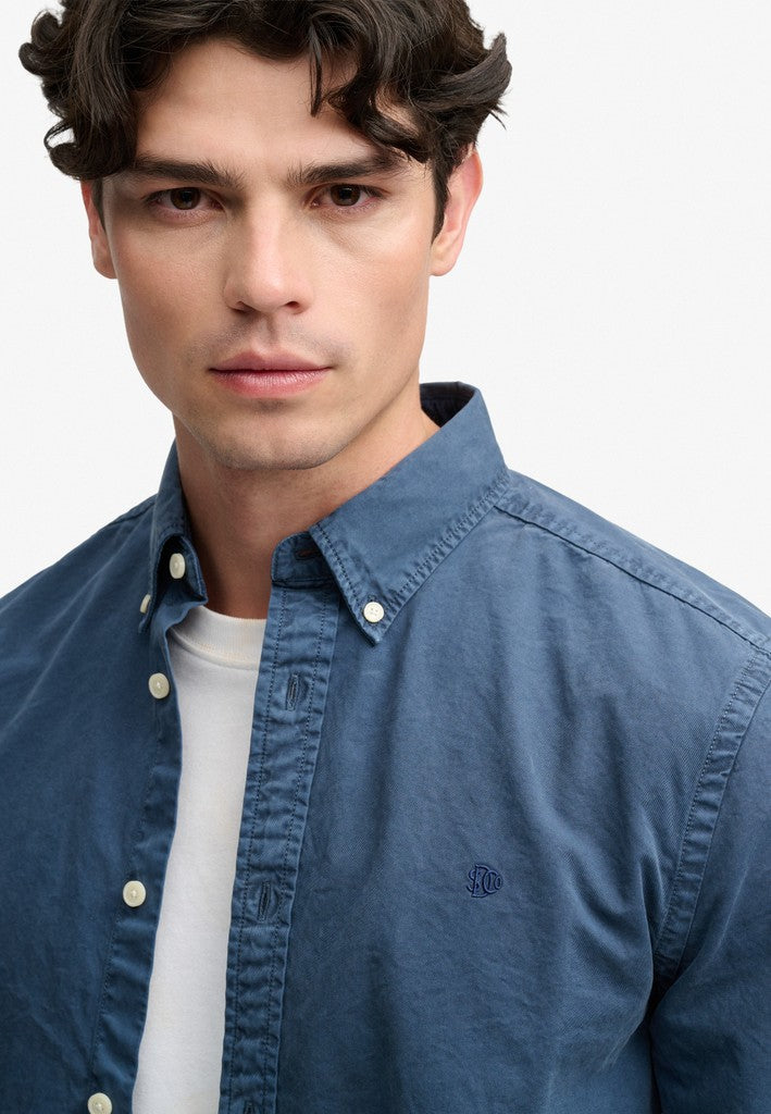 Superdry Garment Dyed Long Sleeve Shirt in Tumbled Slate Blue collar and button placket detail