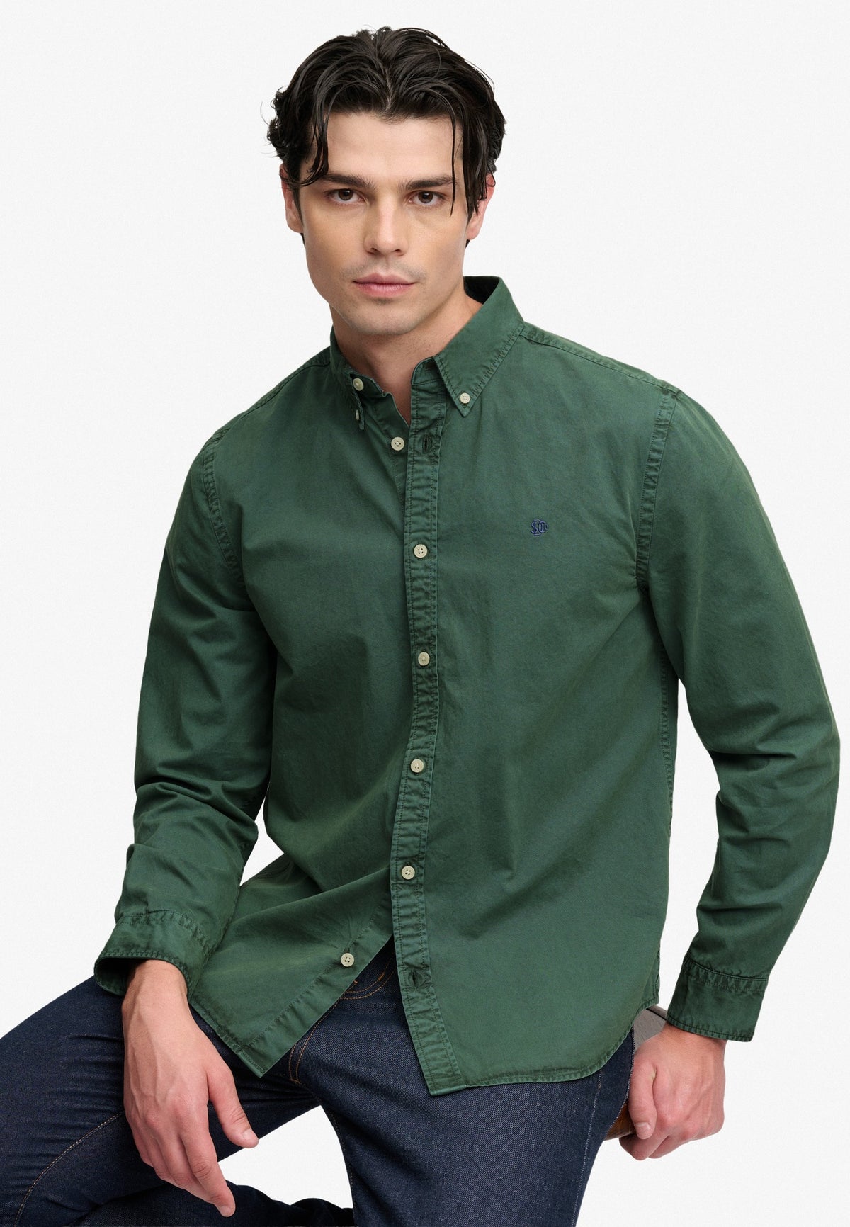Superdry Garment Dyed Long Sleeve Shirt in Tumbled Green seated view