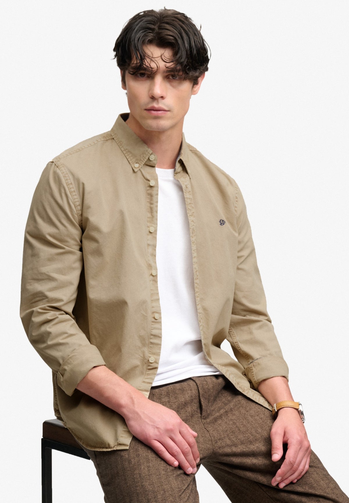Superdry Garment Dyed Long Sleeve Shirt in Tumbled Tan seated view