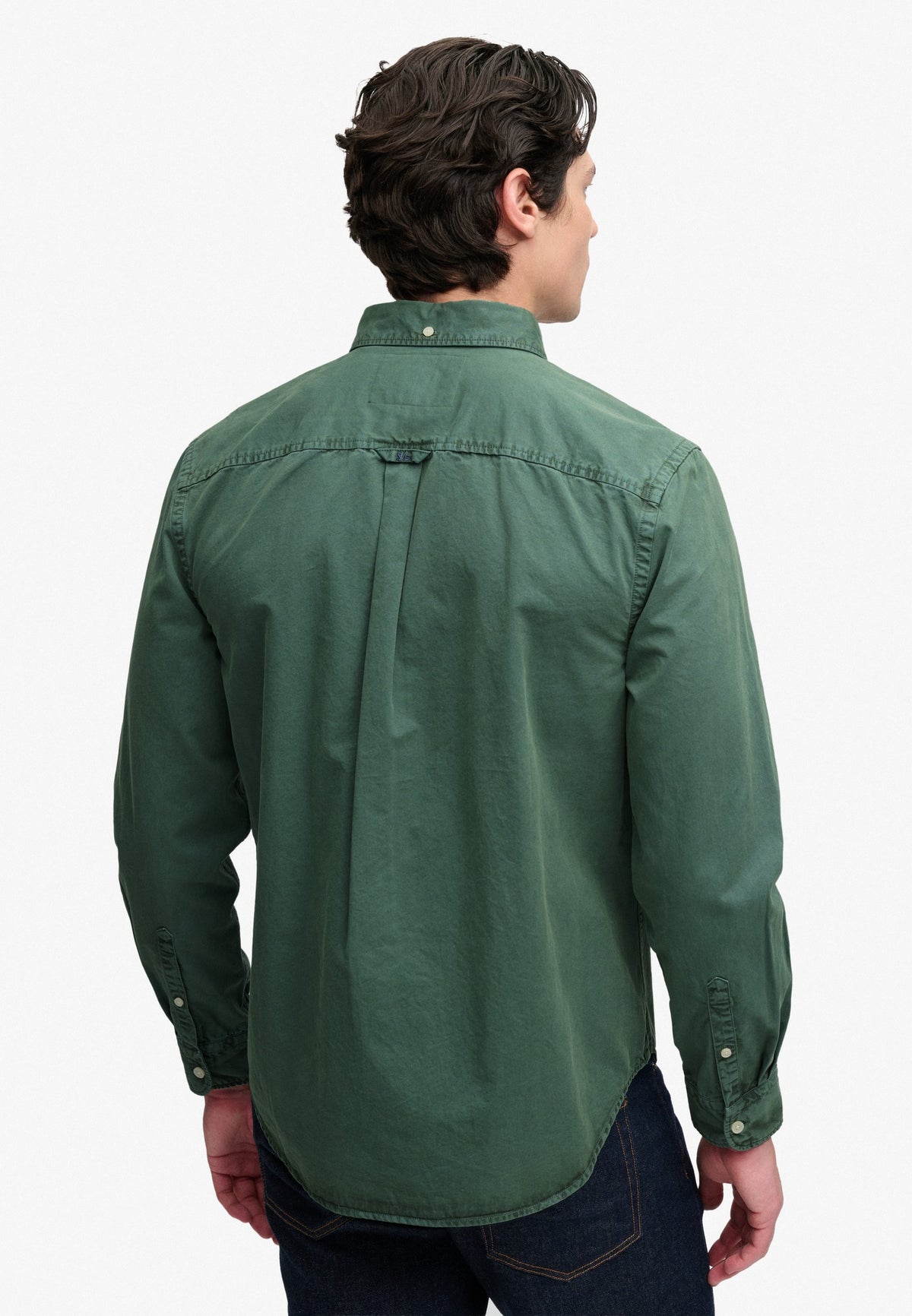 Superdry Garment Dyed Long Sleeve Shirt in Tumbled Green back view on model