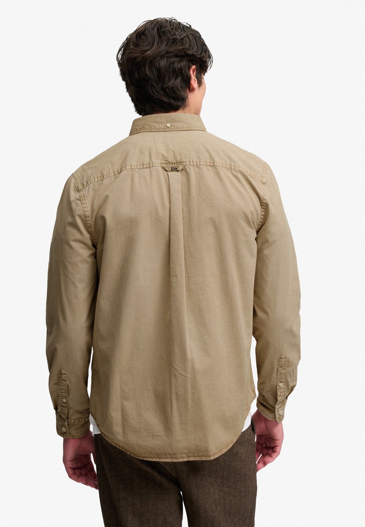 Superdry Garment Dyed Long Sleeve Shirt in Tumbled Tan back view on model