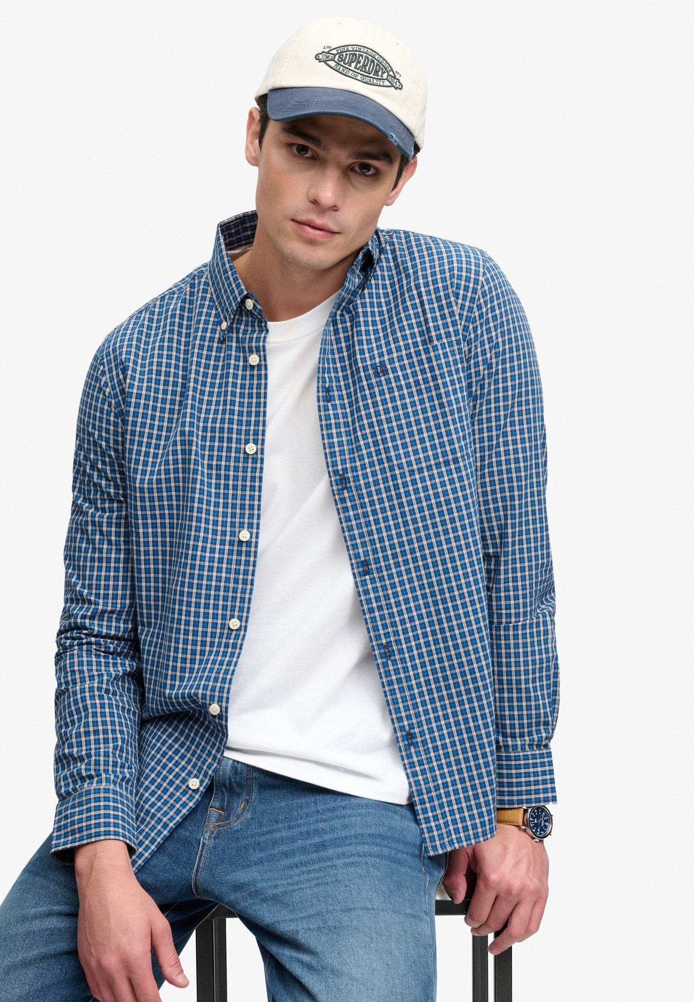 Superdry Preppy Poplin Long Sleeve Shirt in Glen Blue Check seated view