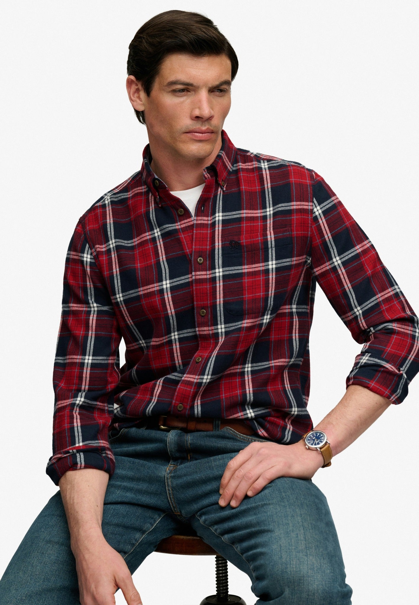 Superdry Long Sleeve Cotton Lumberjack Shirt in Peyton Check Eclipse Navy seated model view