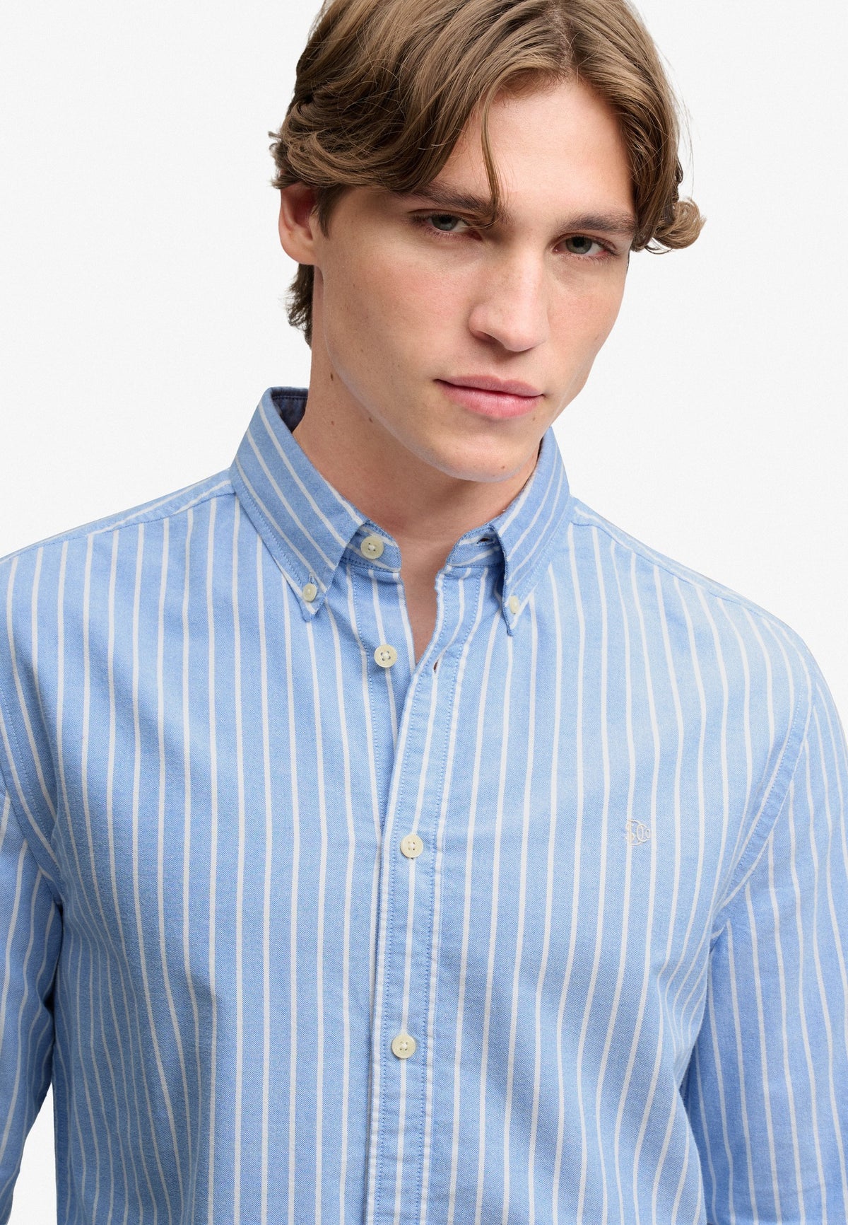 Superdry Preppy Oxford Long Sleeve Shirt in Broker Blue Stripe upper body view