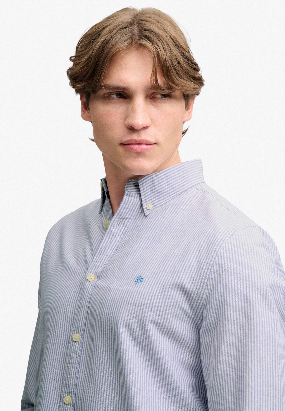 Superdry Preppy Oxford Long Sleeve Shirt in Lilac Mini Stripe angled view on model