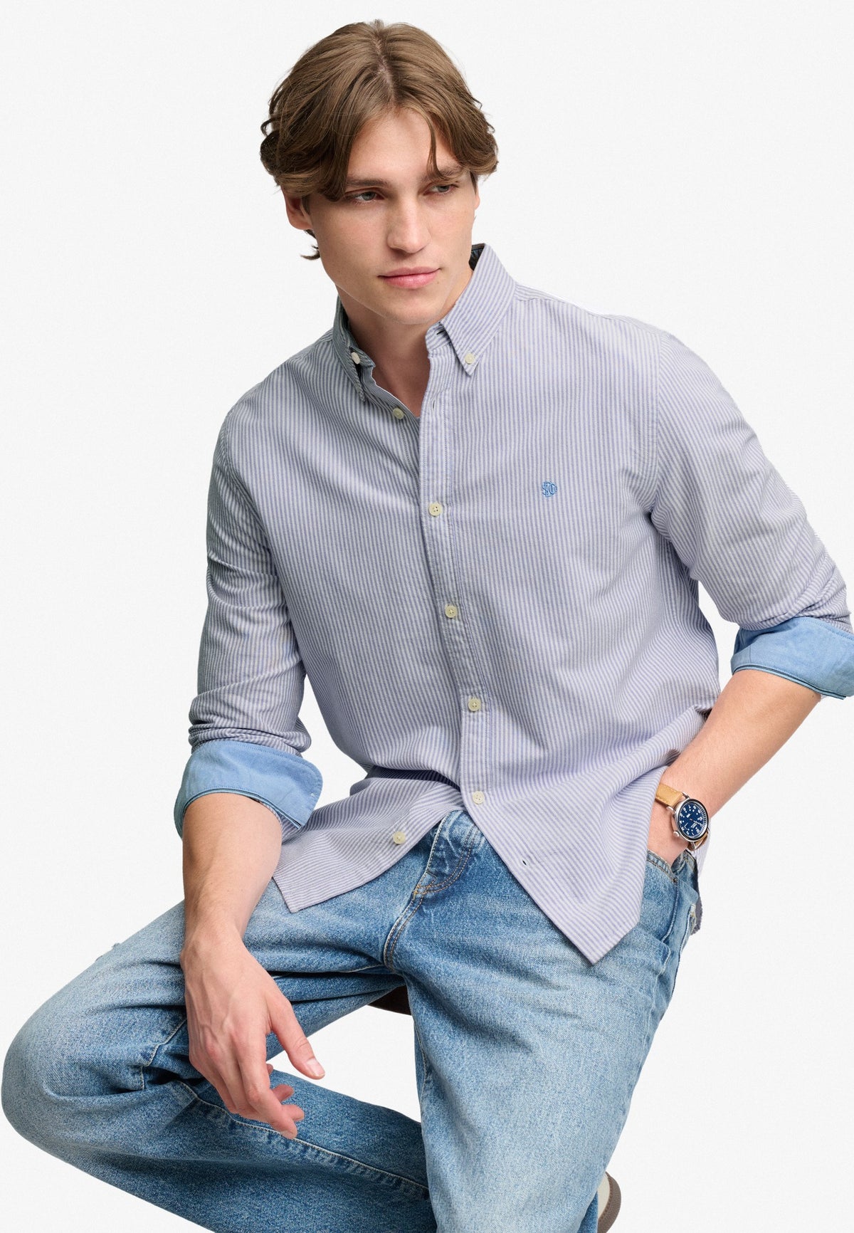 Superdry Preppy Oxford Long Sleeve Shirt in Lilac Mini Stripe seated view