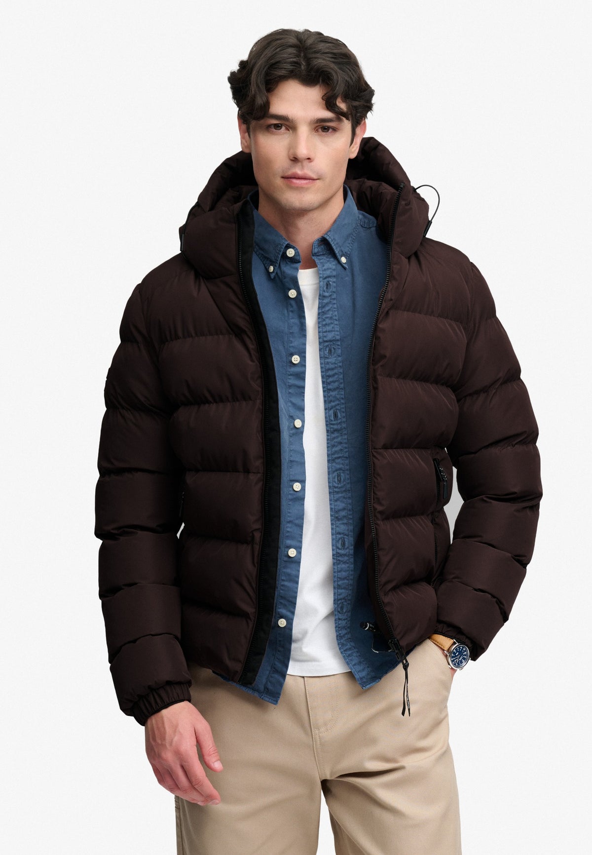 Superdry Hooded Sports Puffer Jacket in Peak Dark Plum upper body view