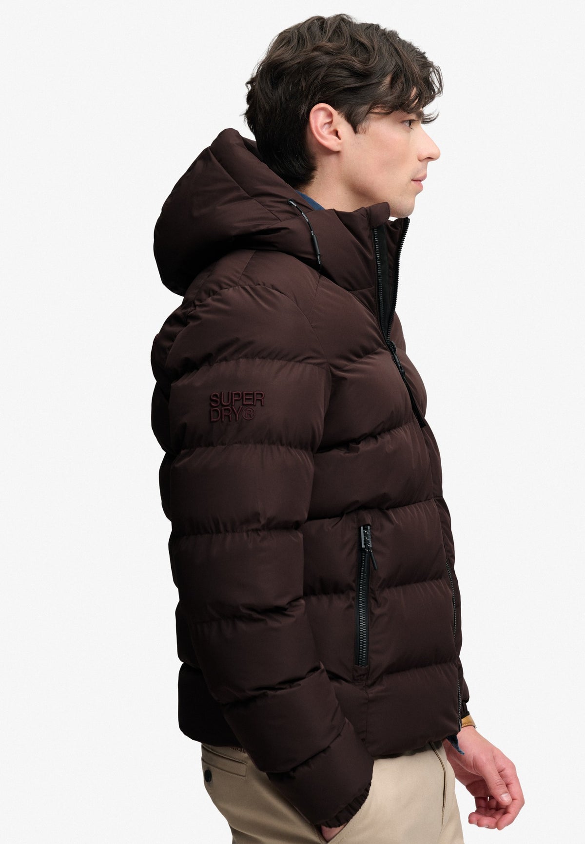 Superdry Hooded Sports Puffer Jacket in Peak Dark Plum side view on model