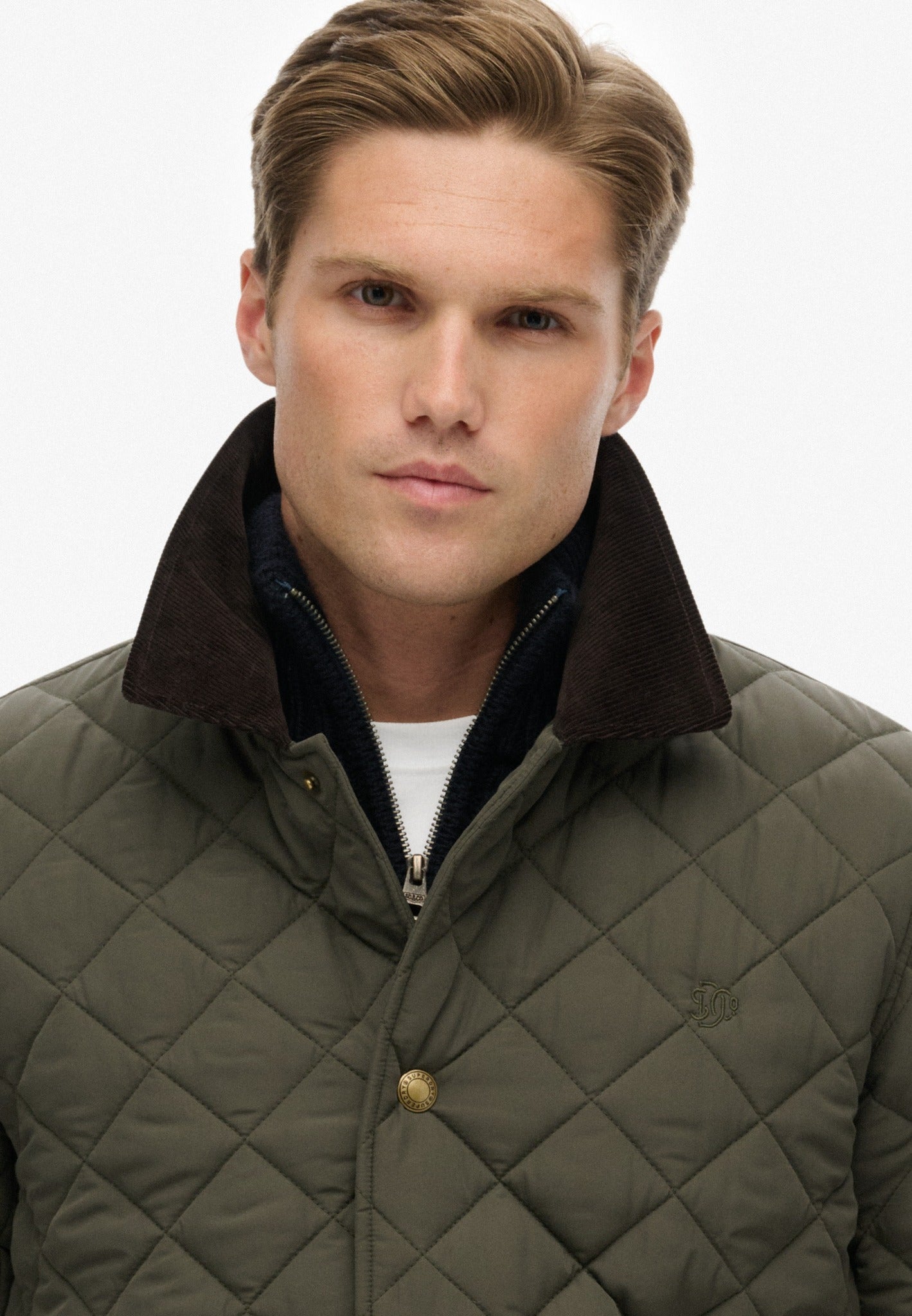 Superdry Quilted Estate Coach Jacket in Army Khaki upper body view