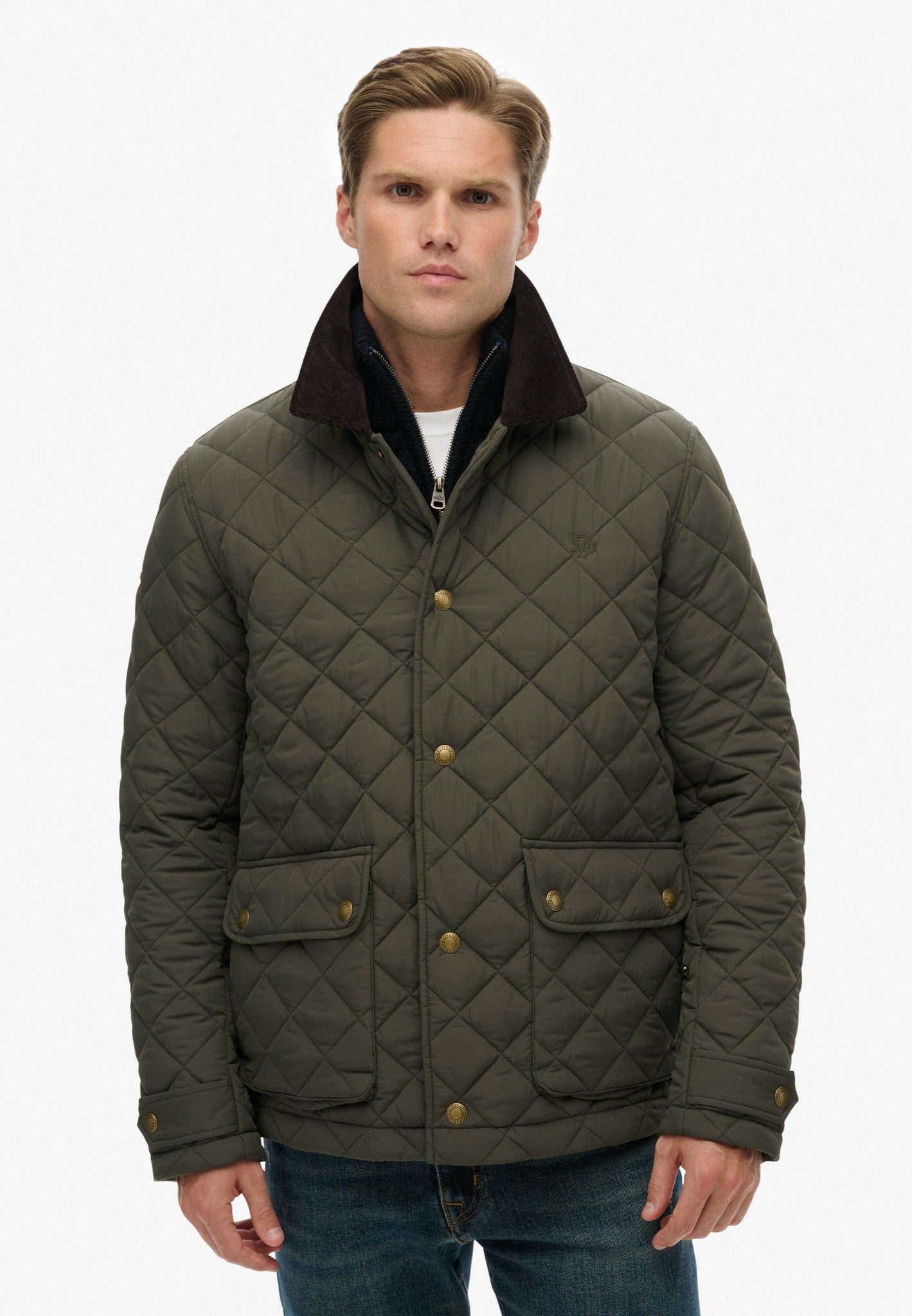 Superdry Quilted Estate Coach Jacket in Army Khaki full length view