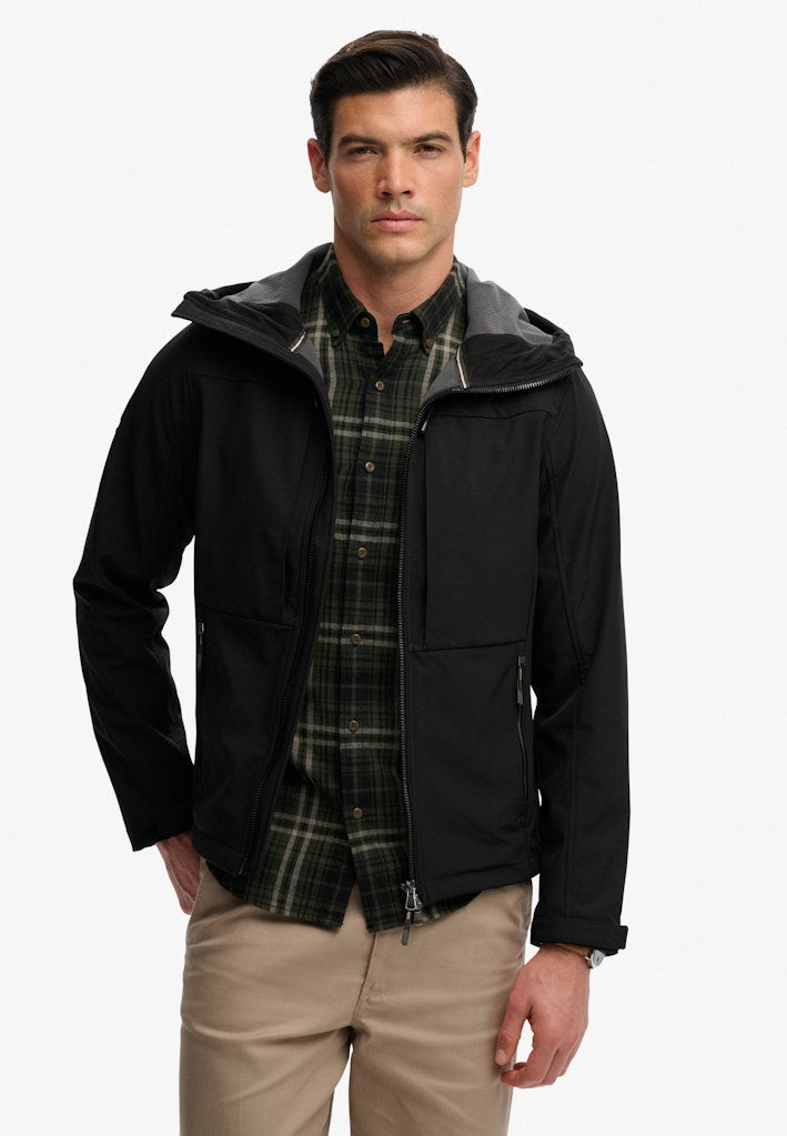 Superdry Hooded Softshell Trekker Jacket in Black front model view