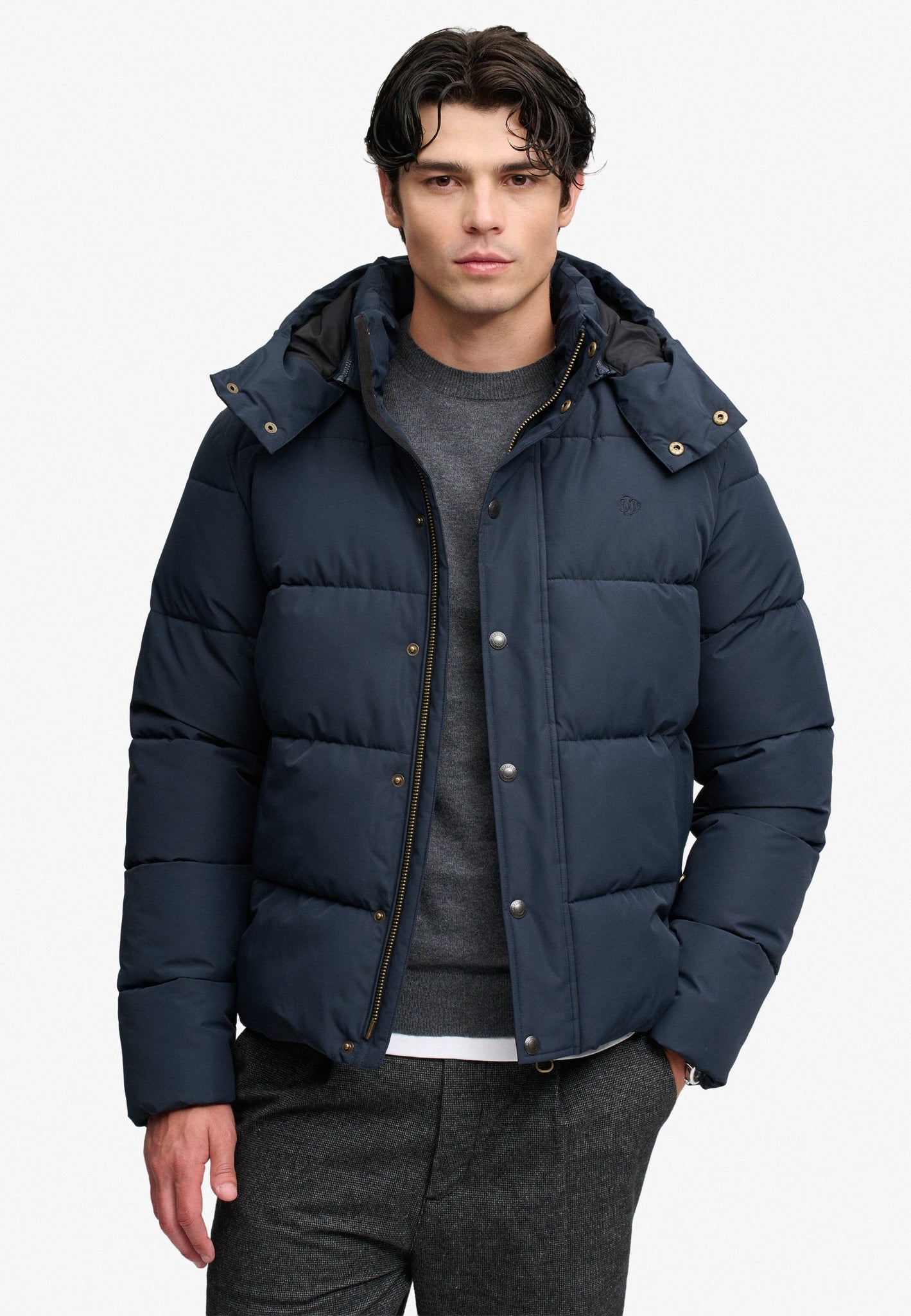 Superdry Premium Hood Puffer Jacket in Eclipse Navy front model view