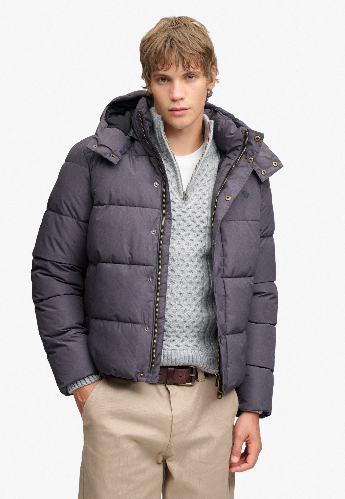 Superdry Premium Hood Puffer Jacket in Grey Marl on model