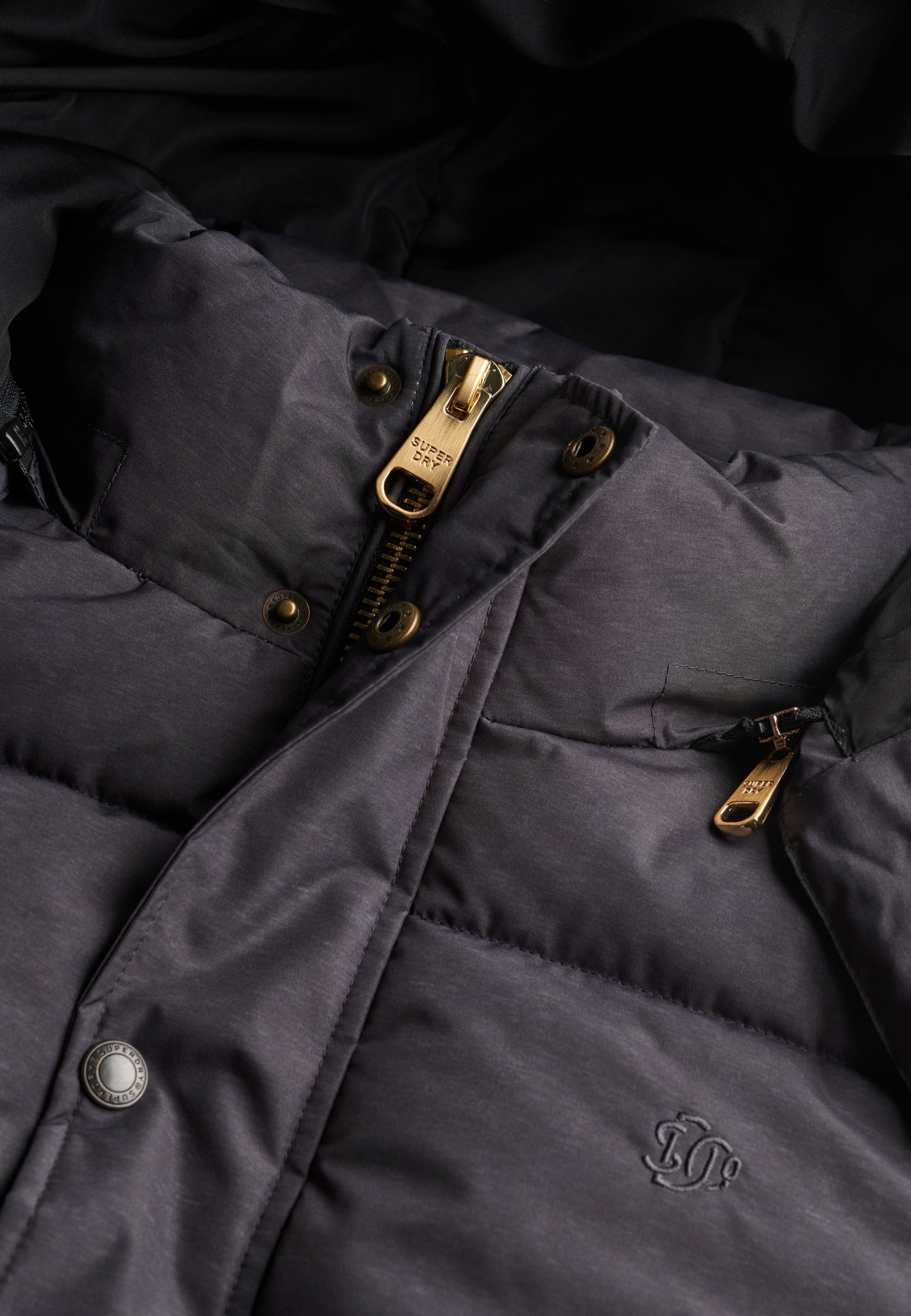 Superdry Premium Hood Puffer Jacket in Grey Marl zip and snap detail