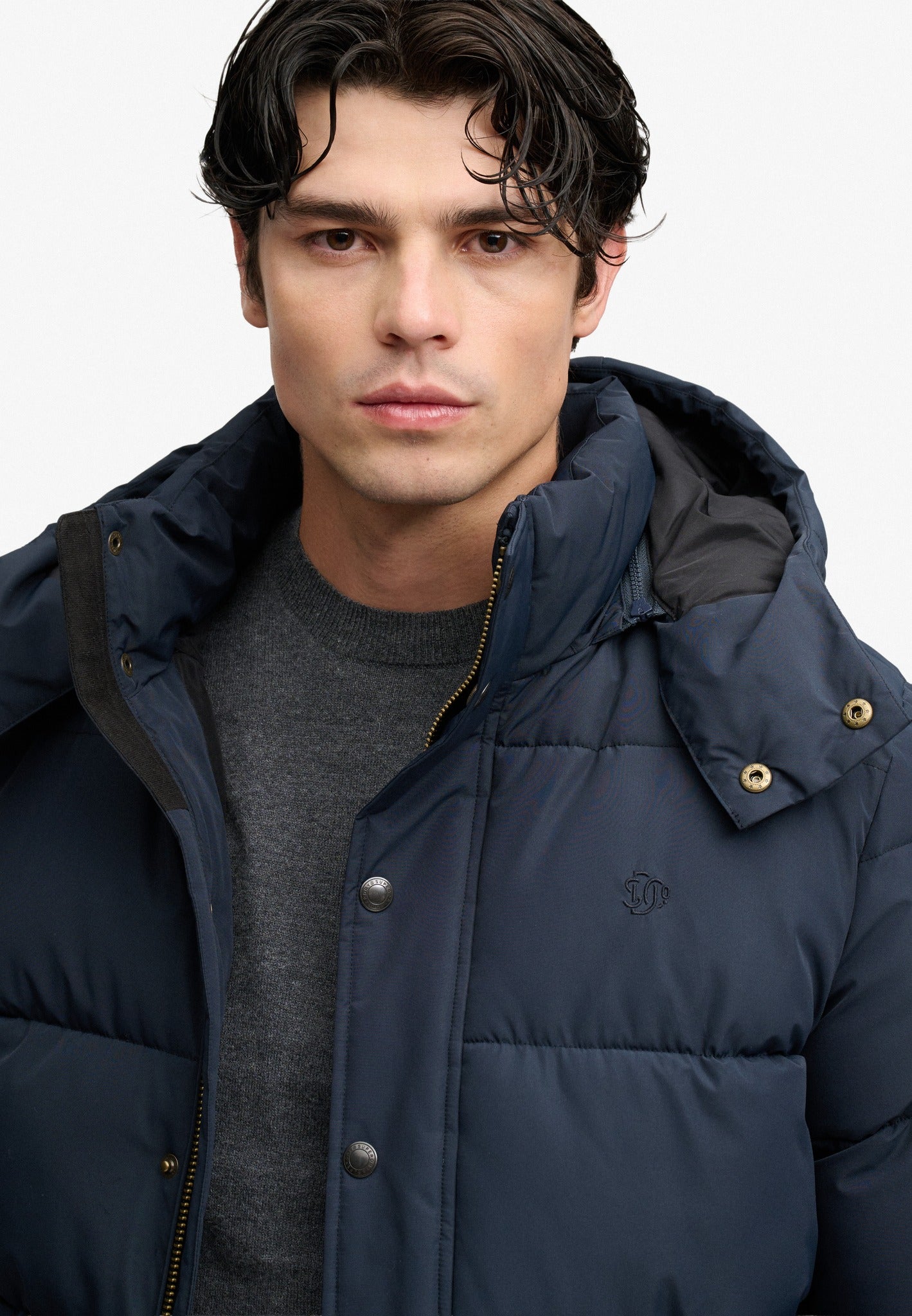 Superdry Premium Hood Puffer Jacket in Eclipse Navy half model view
