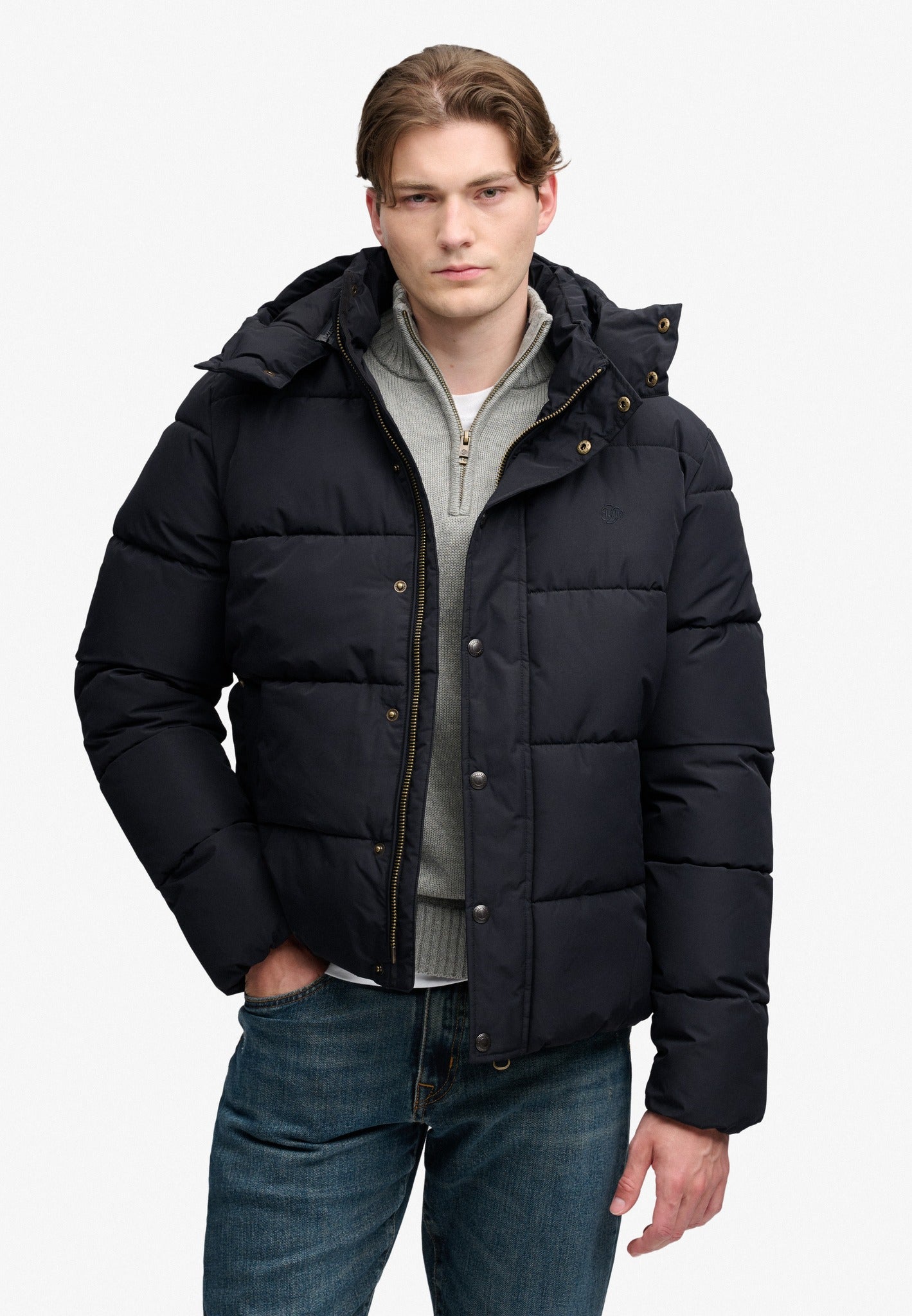 Superdry Premium Hood Puffer Jacket in Black half model view