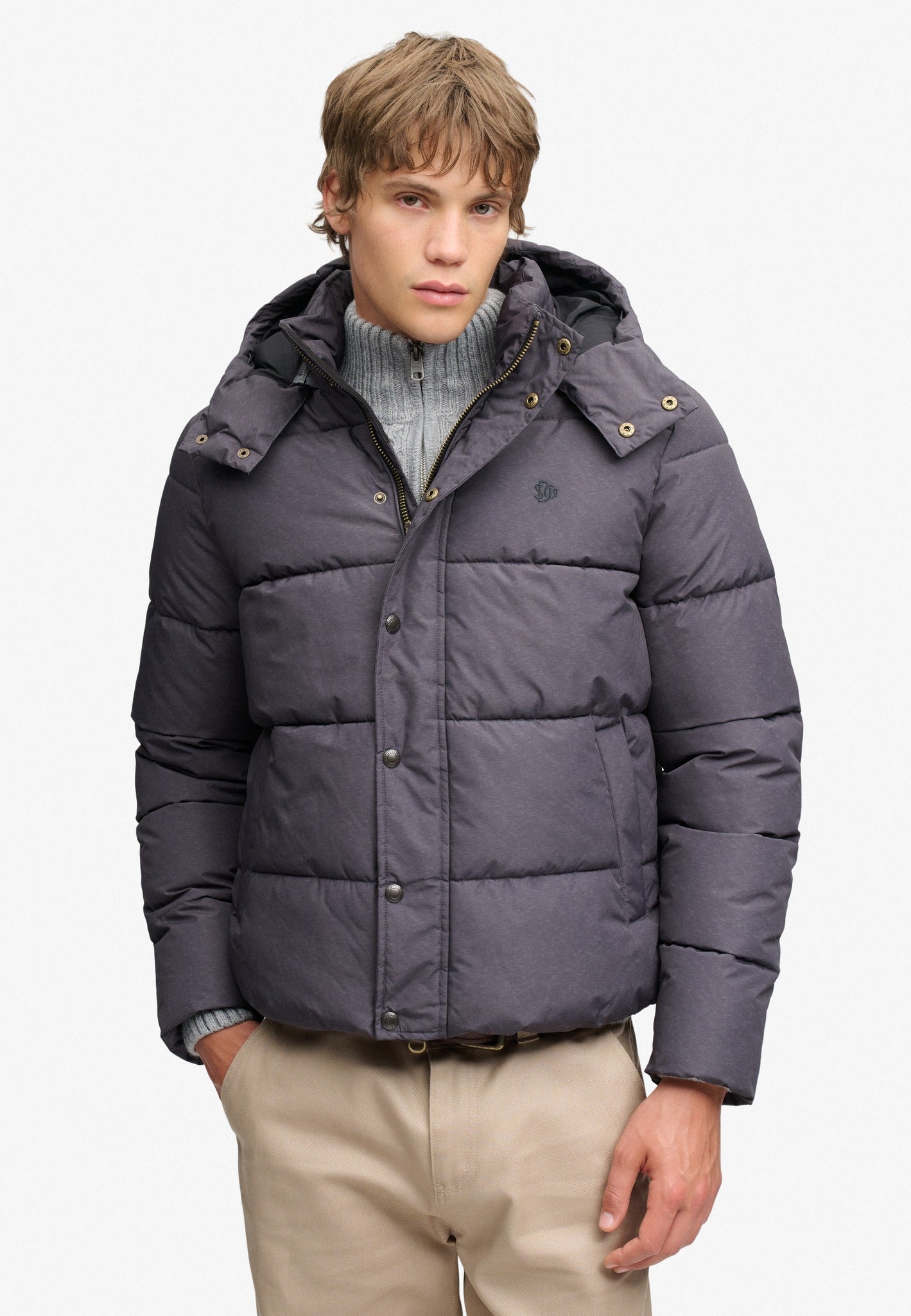 Superdry Premium Hood Puffer Jacket in Grey Marl on model angled view