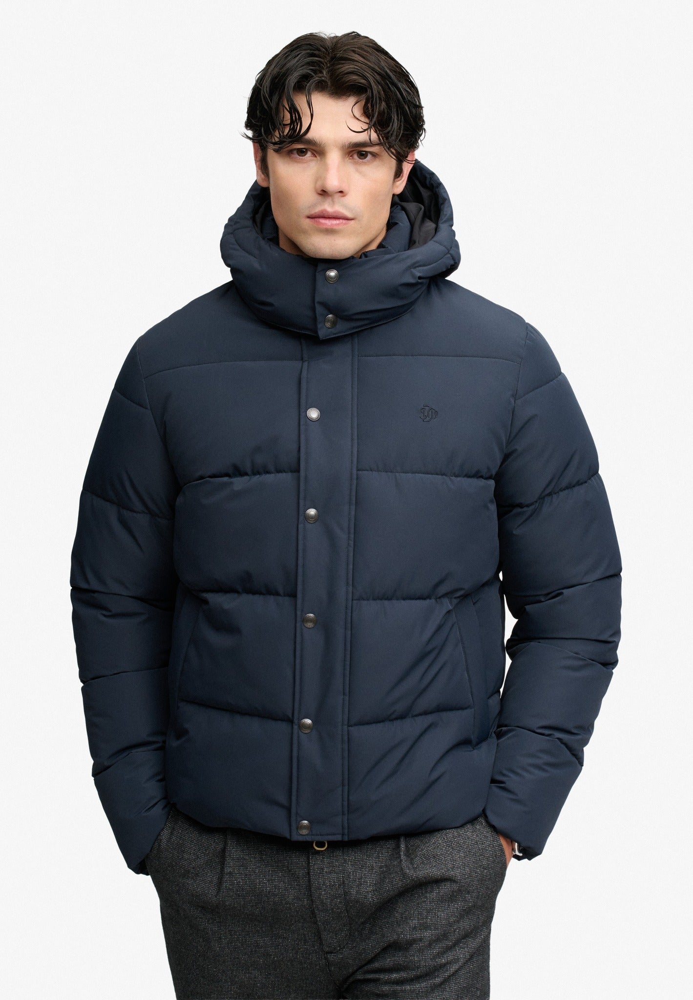 Superdry Premium Hood Puffer Jacket in Eclipse Navy angled model view