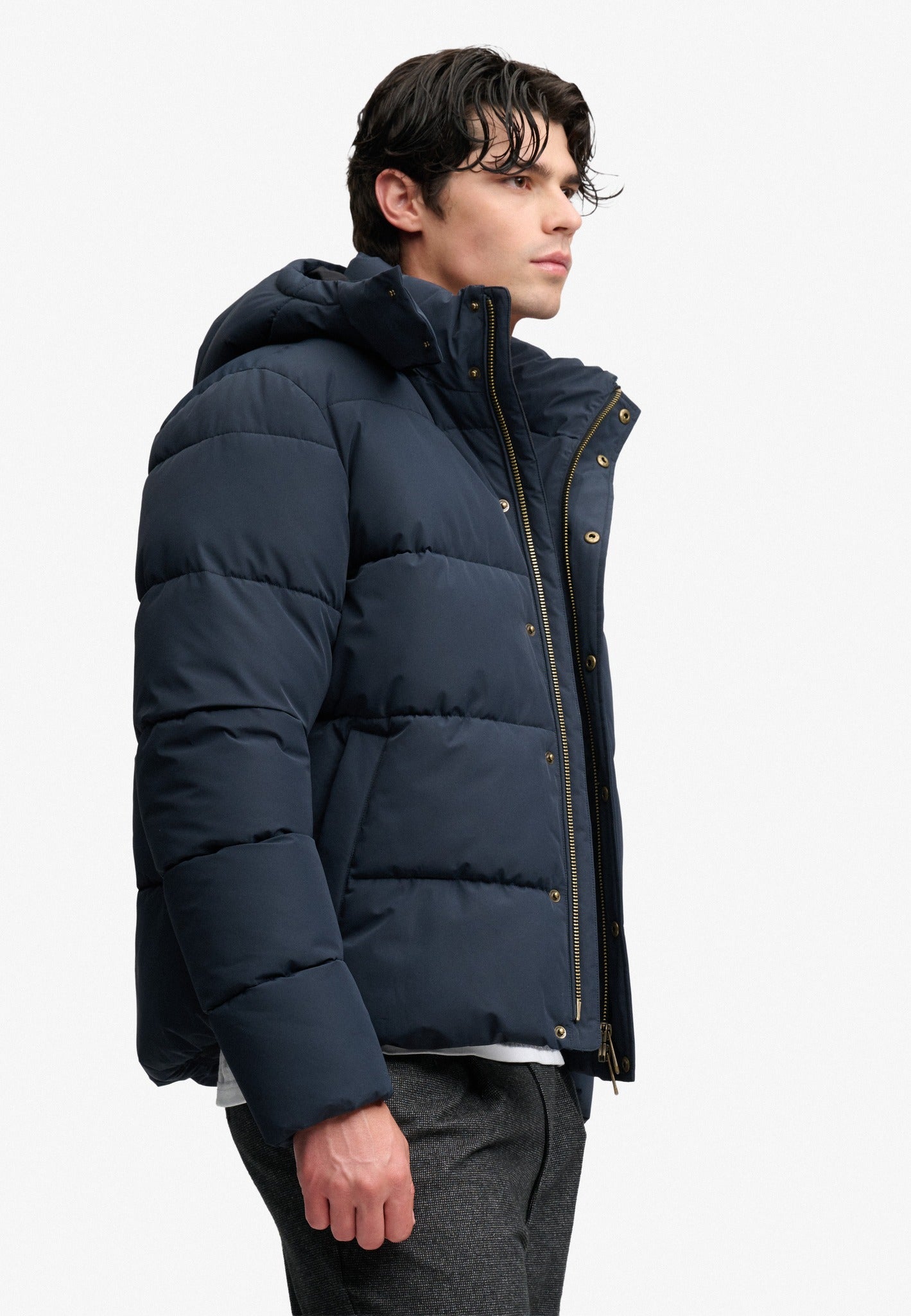 Superdry Premium Hood Puffer Jacket in Eclipse Navy side model view