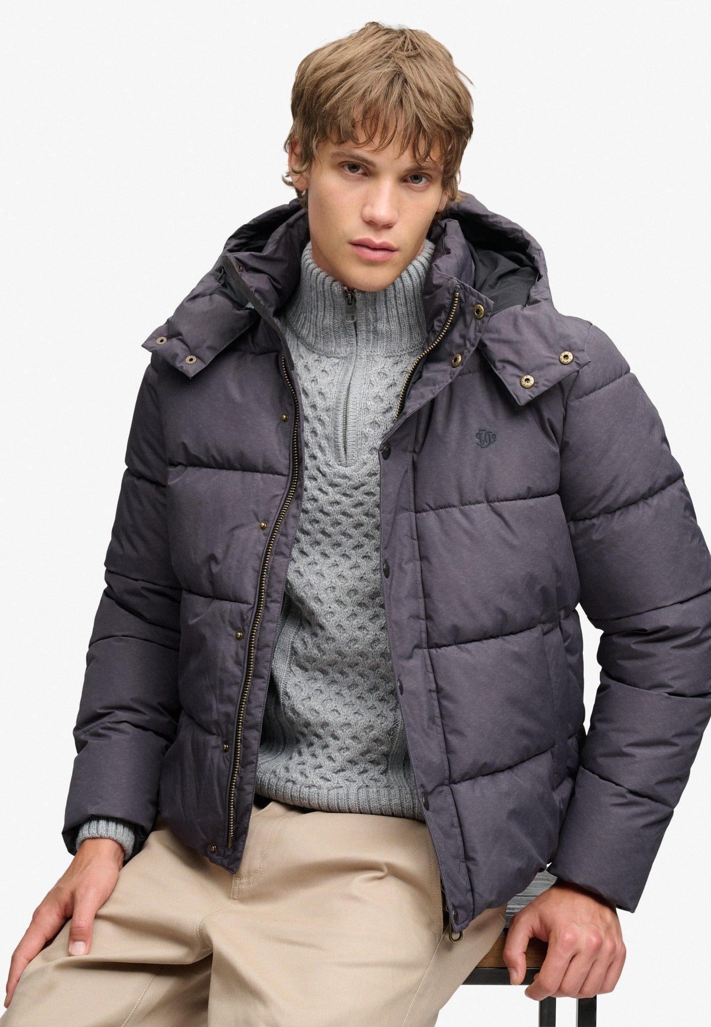 Superdry Premium Hood Puffer Jacket in Grey Marl seated view
