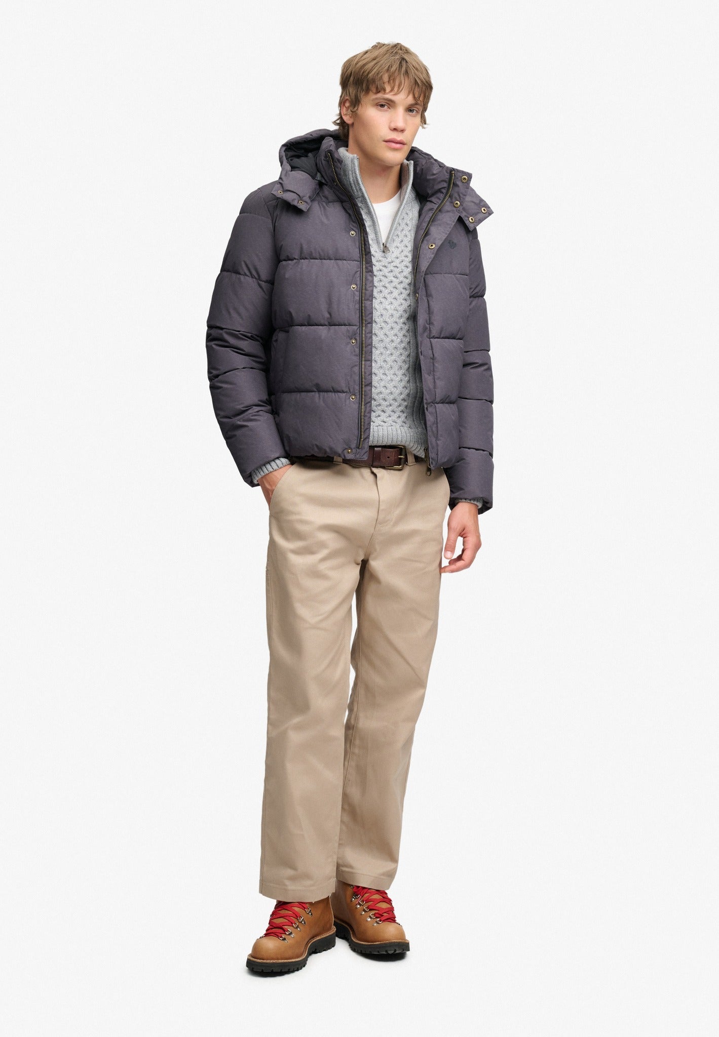 Superdry Premium Hood Puffer Jacket in Grey Marl full length view
