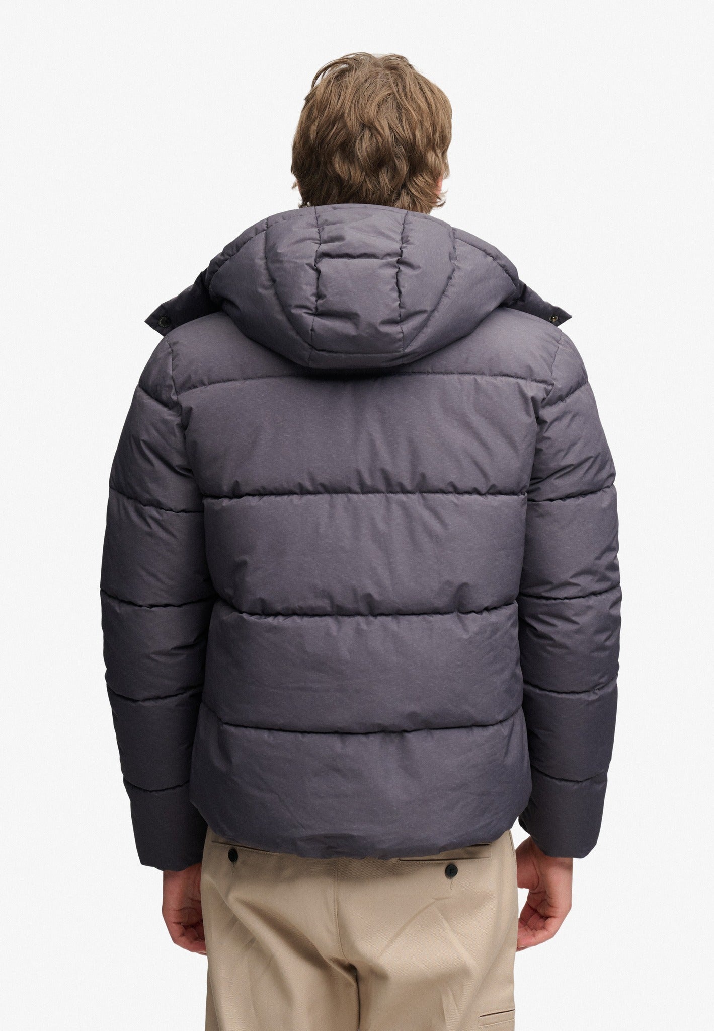 Superdry Premium Hood Puffer Jacket in Grey Marl back view on model