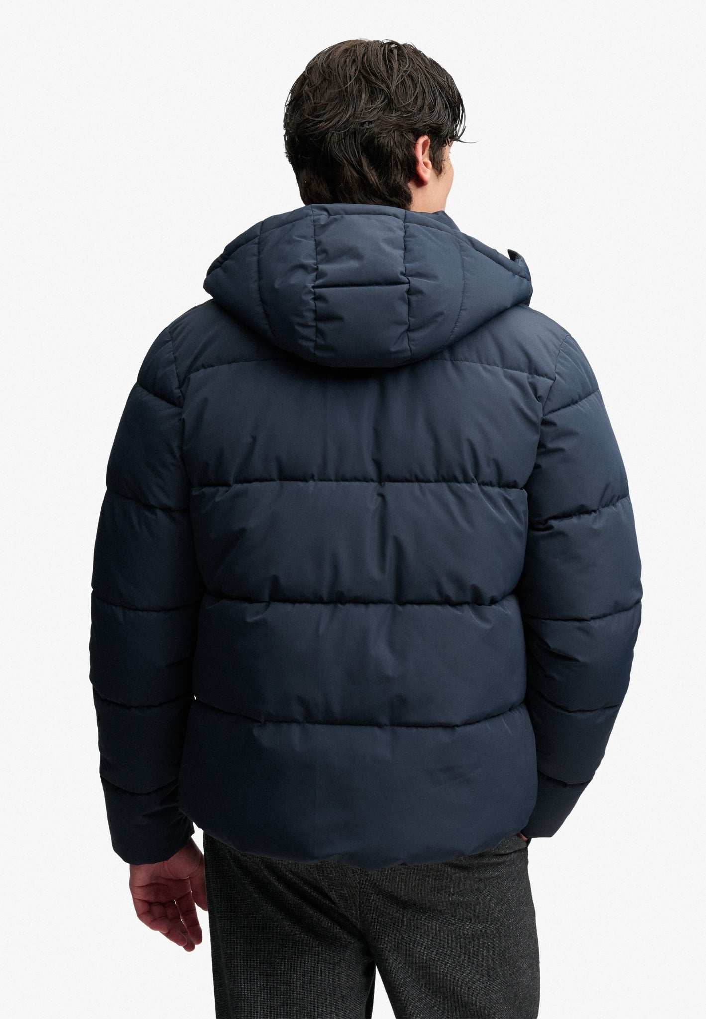 Superdry Premium Hood Puffer Jacket in Eclipse Navy back model view