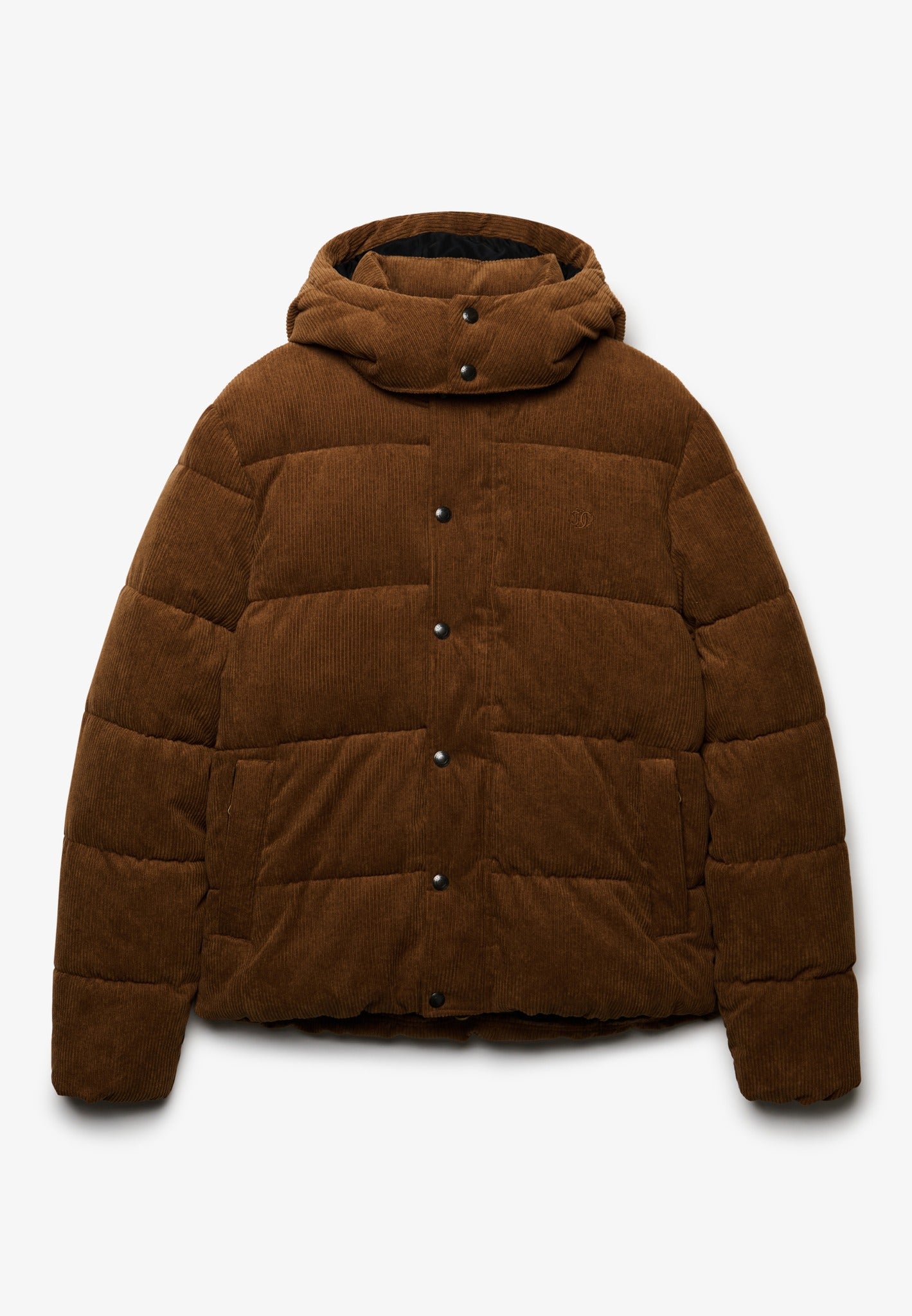 Superdry Premium Hood Cord Puffer Jacket in Dark Tobacco Brown front view