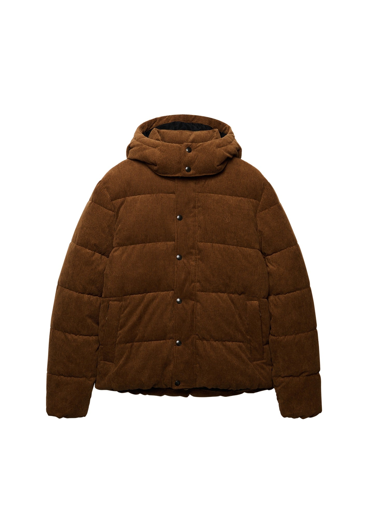 Superdry Premium Hood Cord Puffer Jacket in Dark Tobacco Brown angled view
