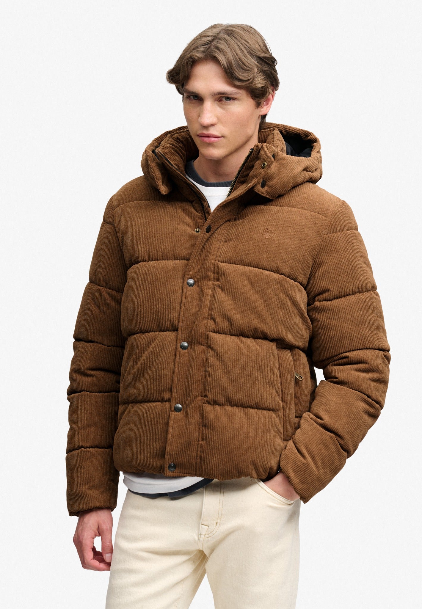 Superdry Premium Hood Cord Puffer Jacket in Dark Tobacco Brown upper body view