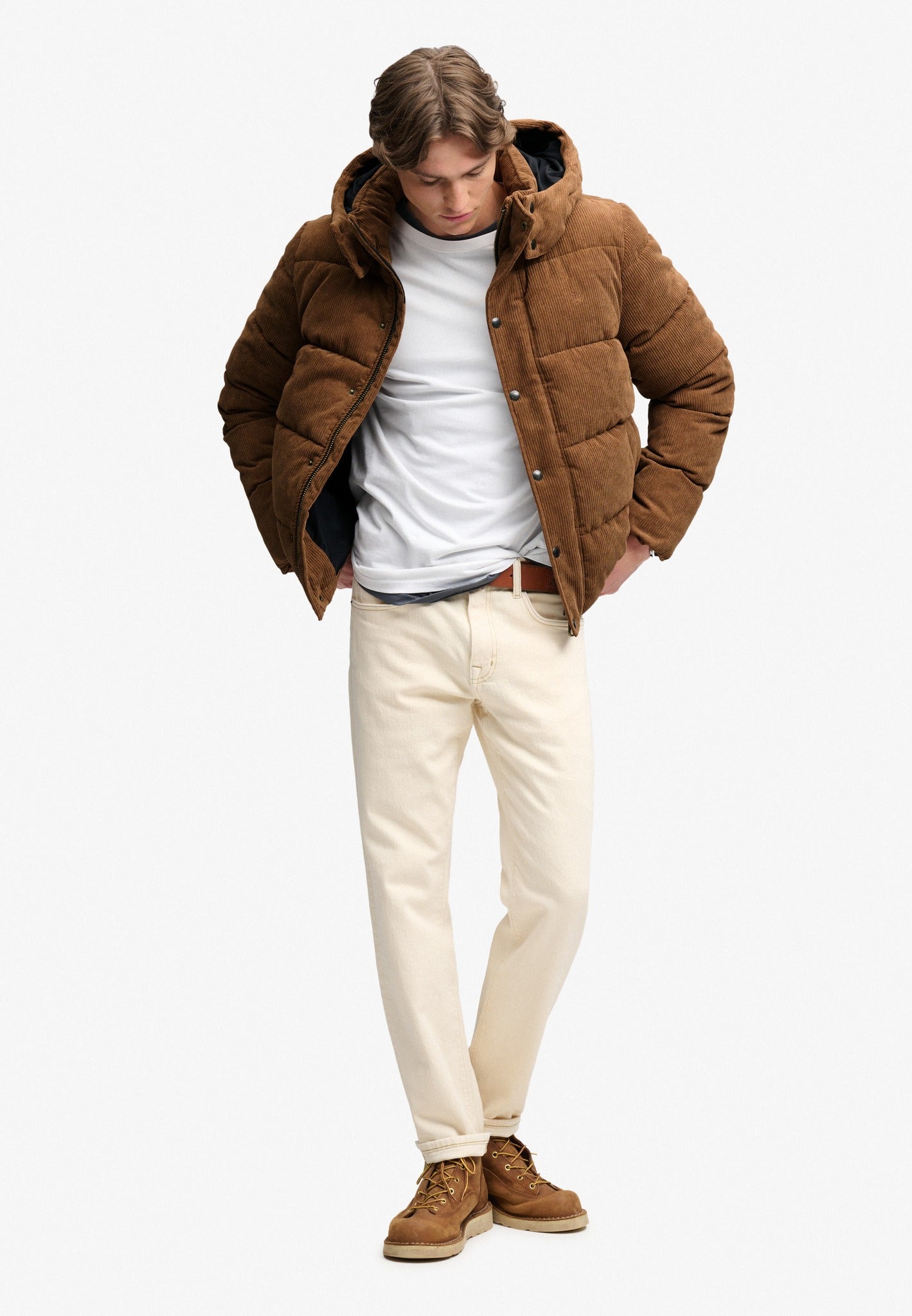 Superdry Premium Hood Cord Puffer Jacket in Dark Tobacco Brown full length view