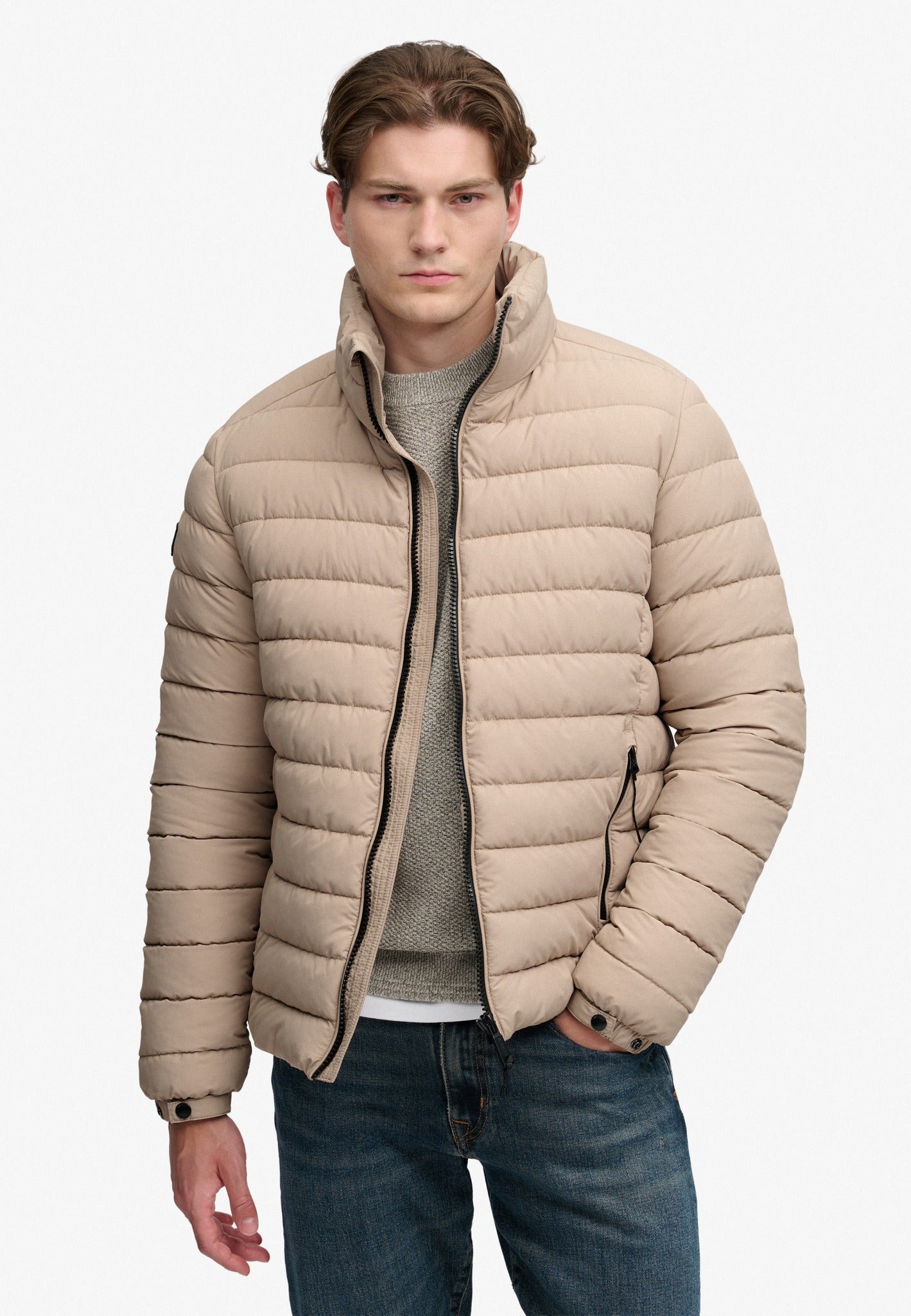 Superdry Fuji Midweight Padded Jacket in Buckwheat Beige front model view