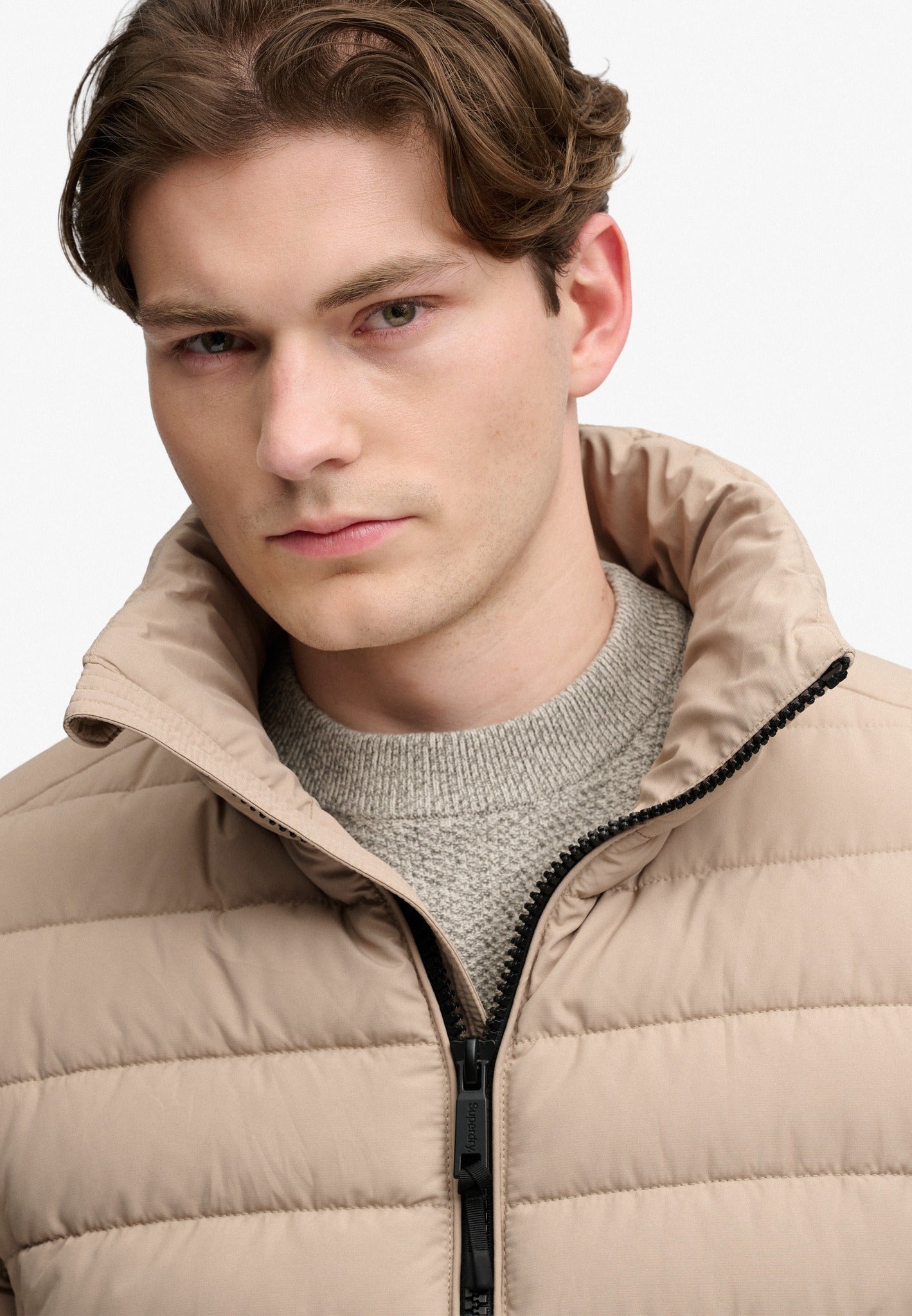 Superdry Fuji Midweight Padded Jacket in Buckwheat Beige collar and zip detail