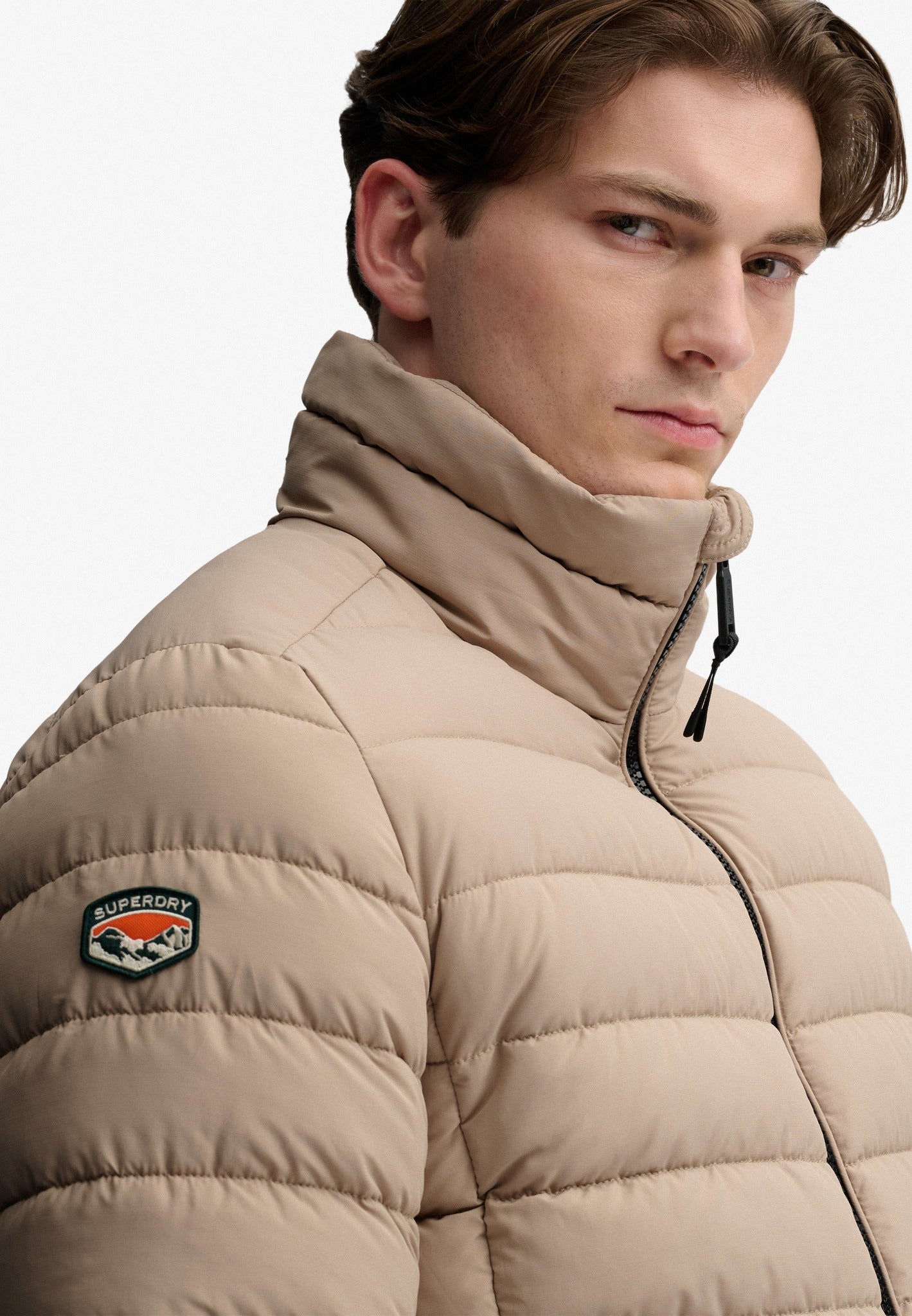 Superdry Fuji Midweight Padded Jacket in Buckwheat Beige padded collar detail