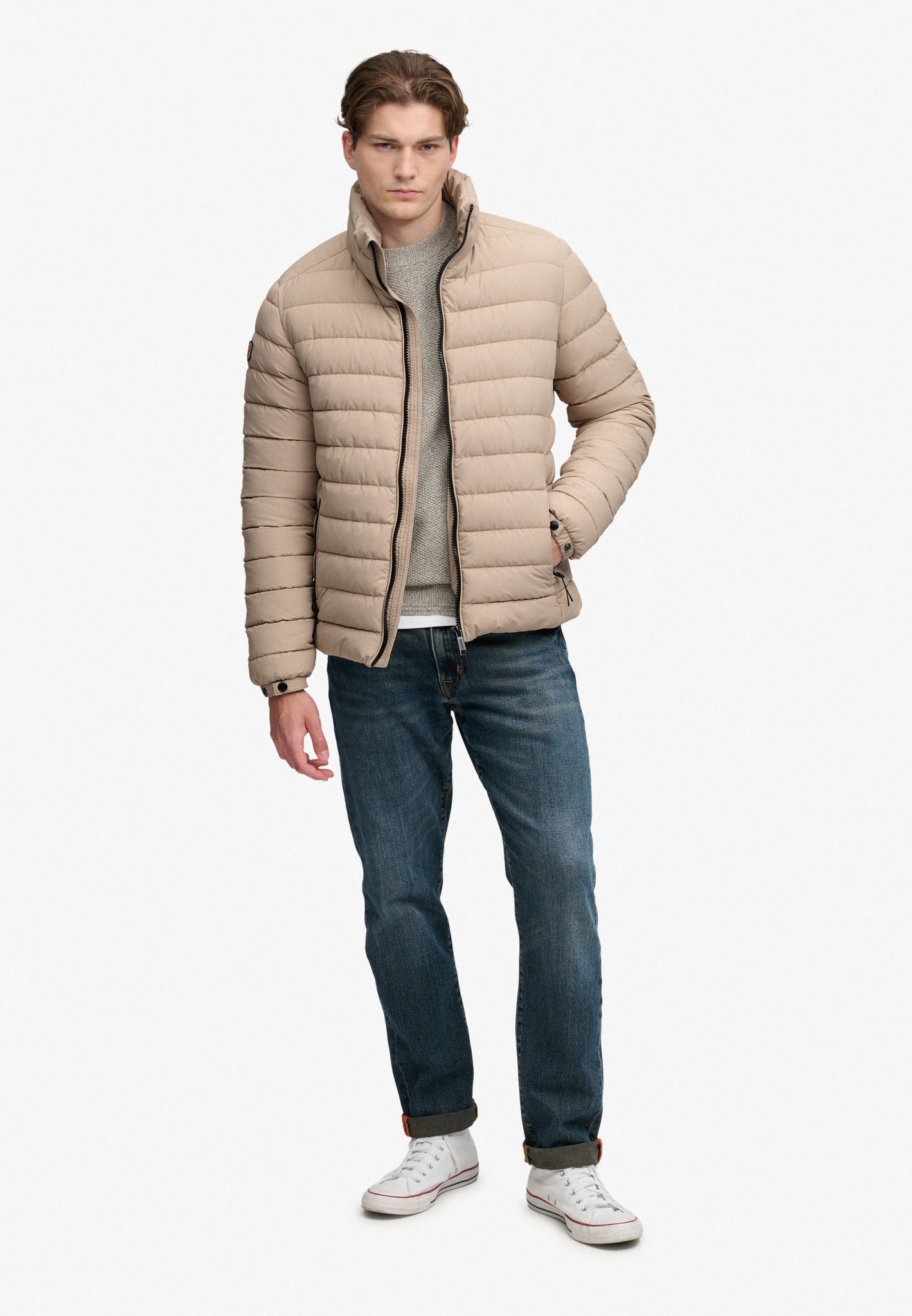 Superdry Fuji Midweight Padded Jacket in Buckwheat Beige full length model view