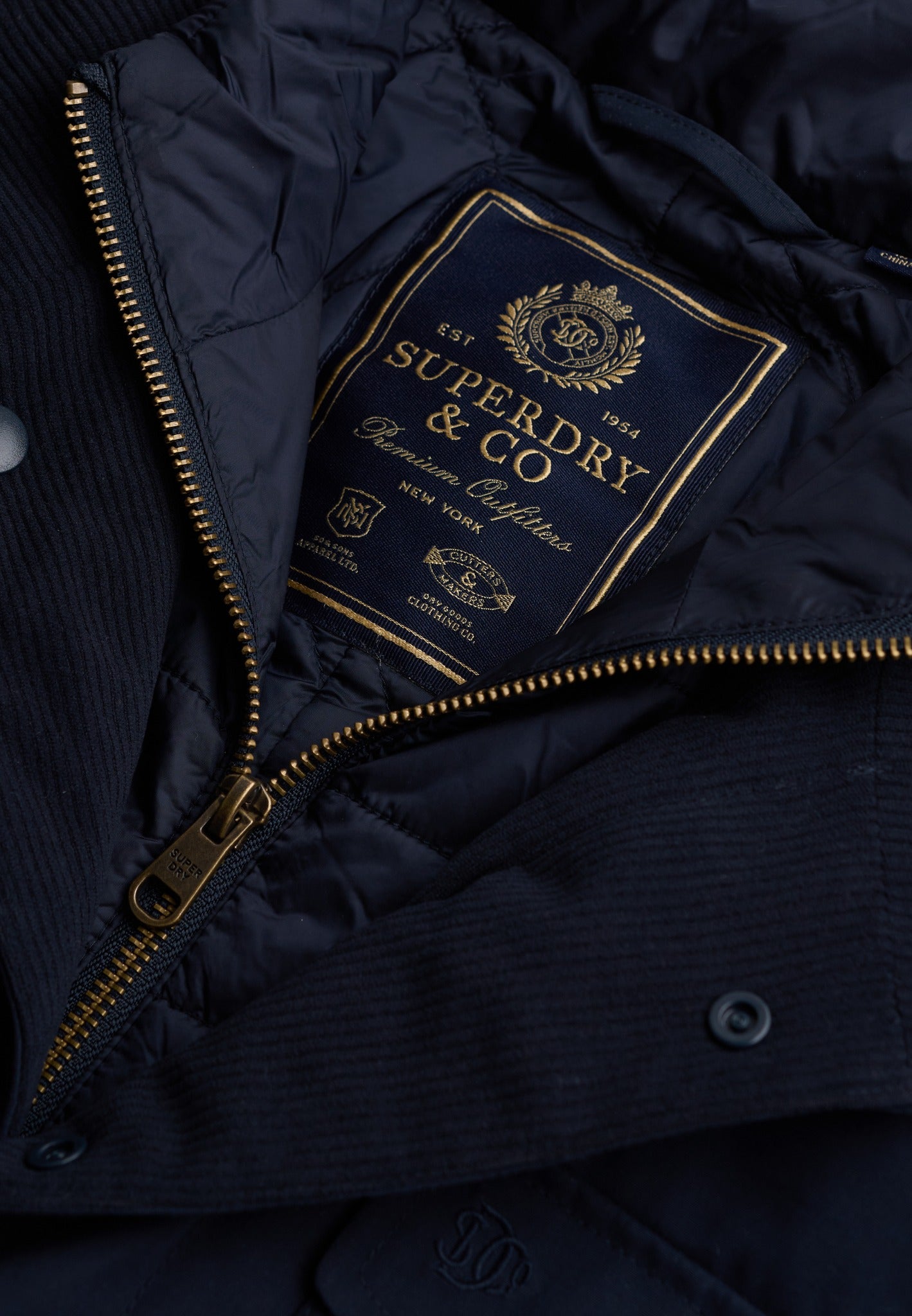 Superdry 2 In 1 Burford Jacket in Eclipse Navy zip and label detail