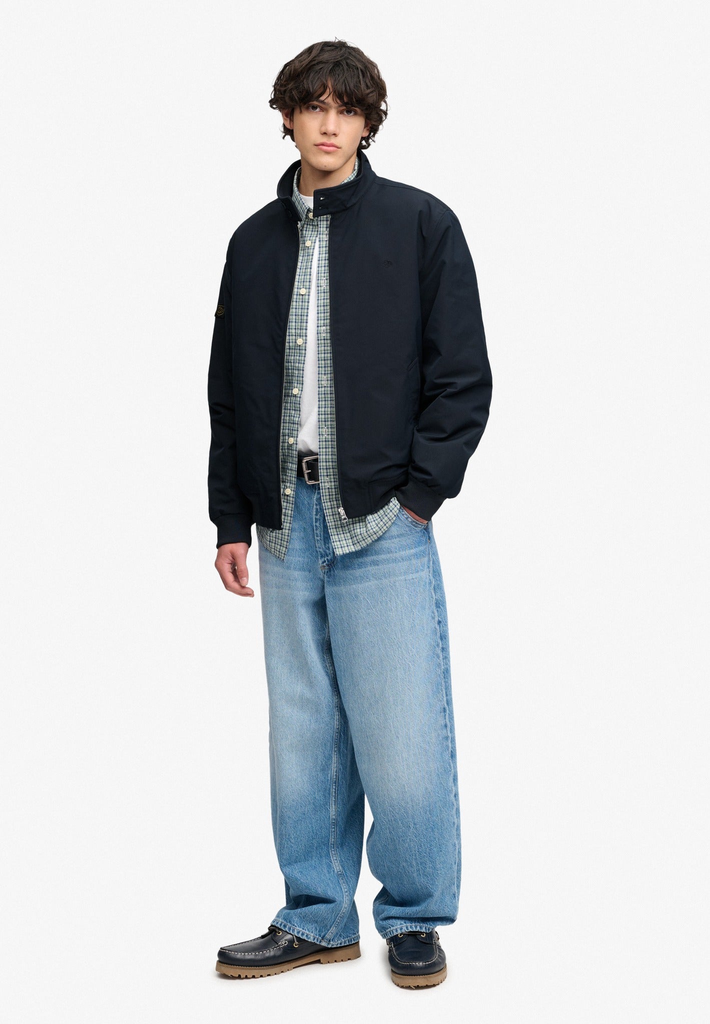 Superdry Campus Padded Harrington Jacket in Eclipse Navy full length model view